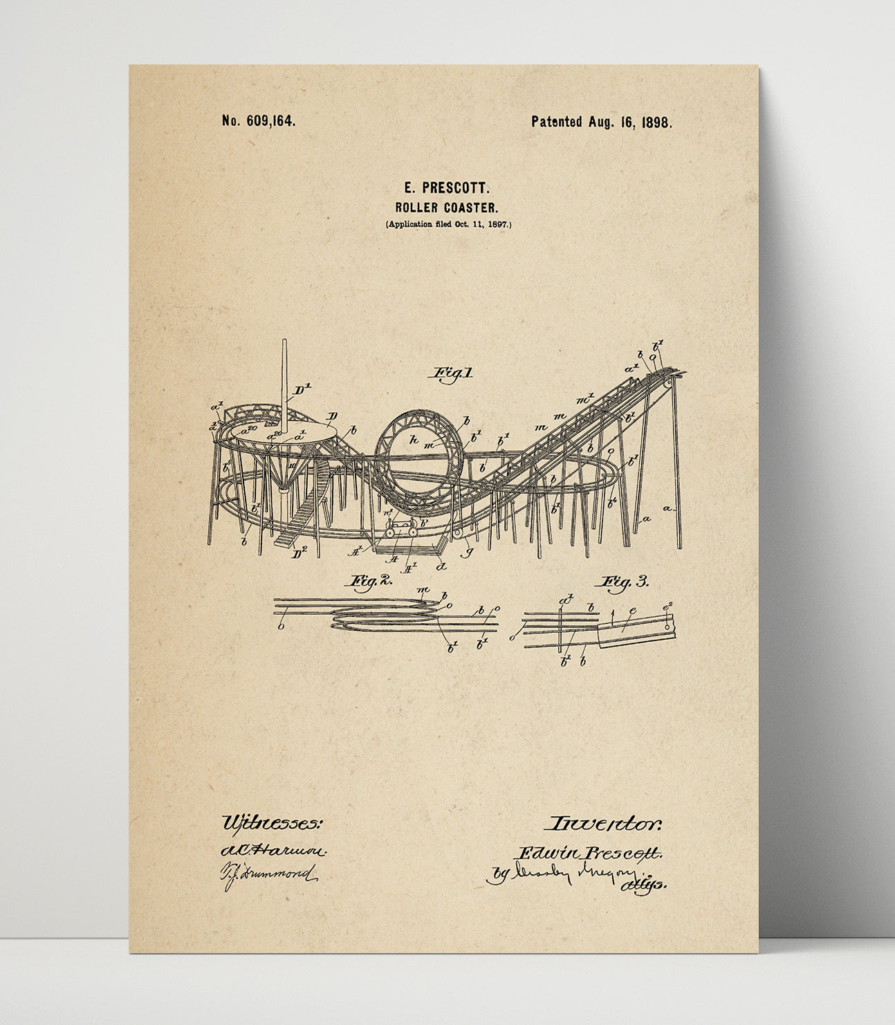 Patent Print - Roller Coaster - Edwin Prescott - 1898 - Patent 609164 Patent Wall Art