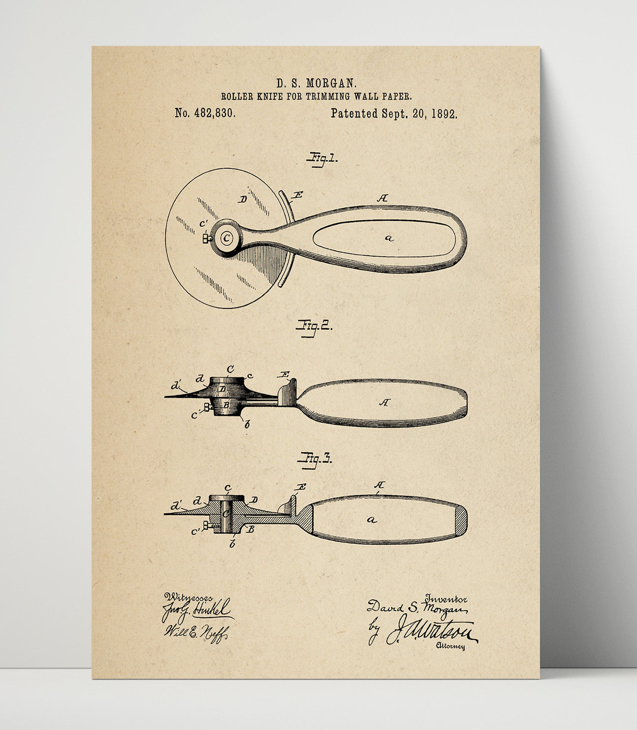 Patent Print - Roller Knife For Trimming Wall Paper - D.S. Morgan - 1892 - Patent 482830 Patent Wall Art