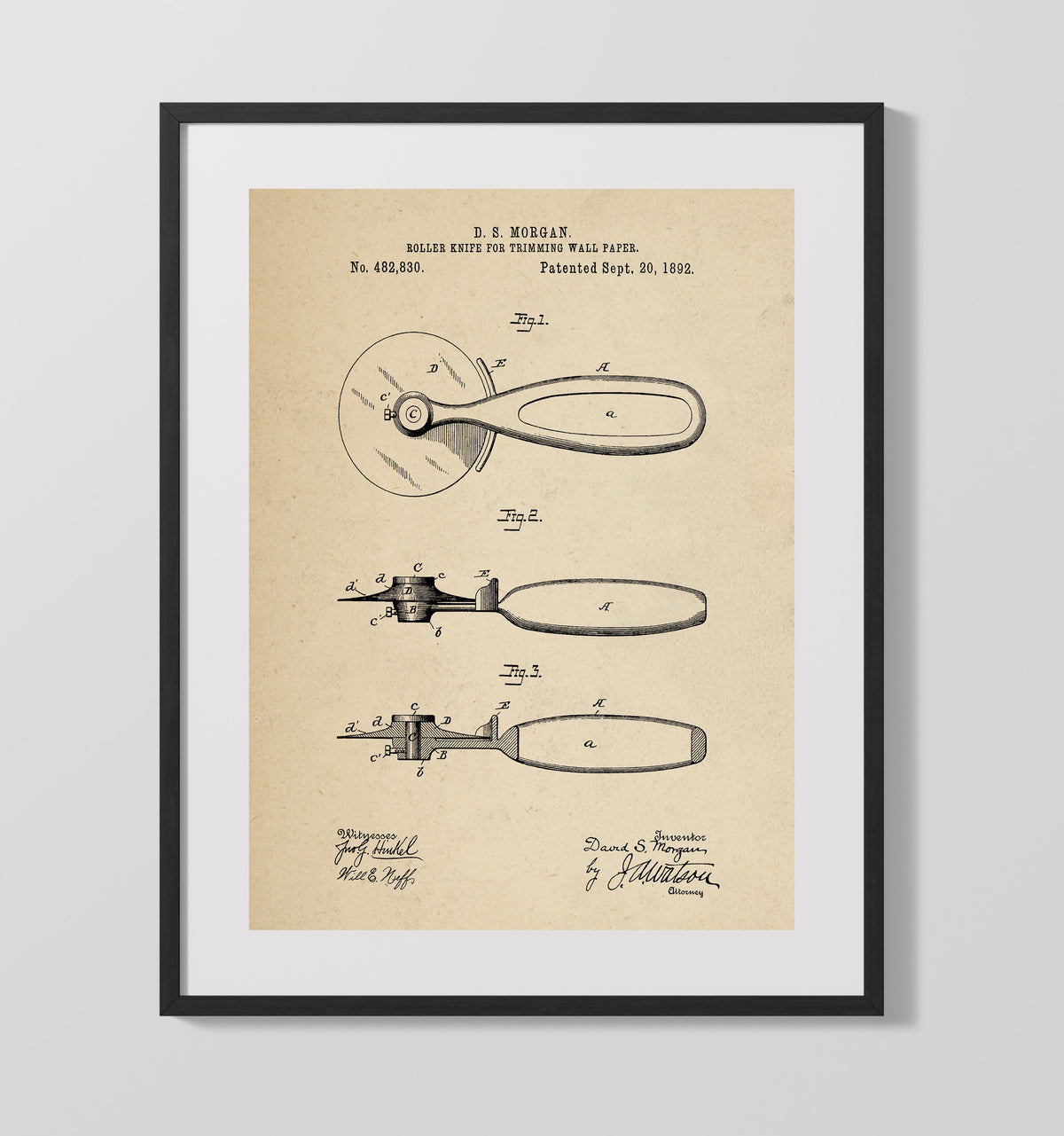 Roller Knife For Trimming Wall Paper 1892 patent print wall art 16x20 Gallery Frame