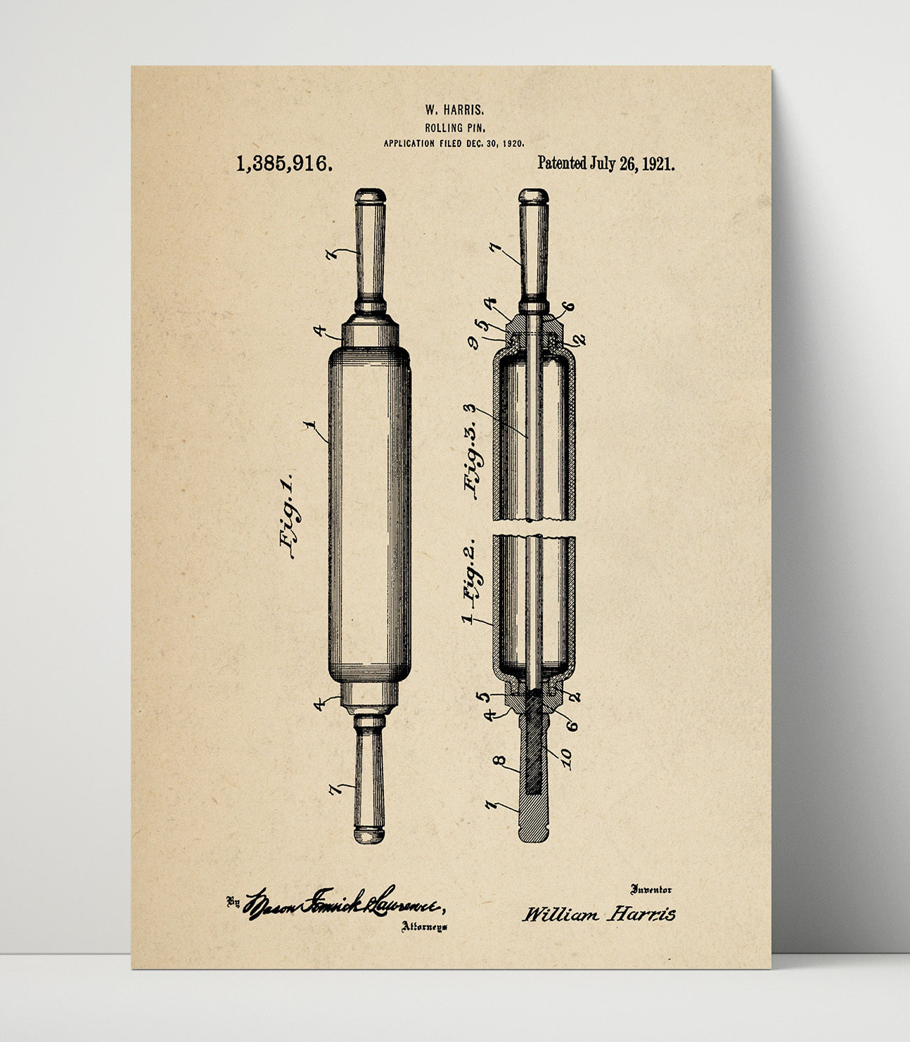 Patent Print - Rolling Pin - W. Harris - 1921 - Patent 1385916 Patent Wall Art