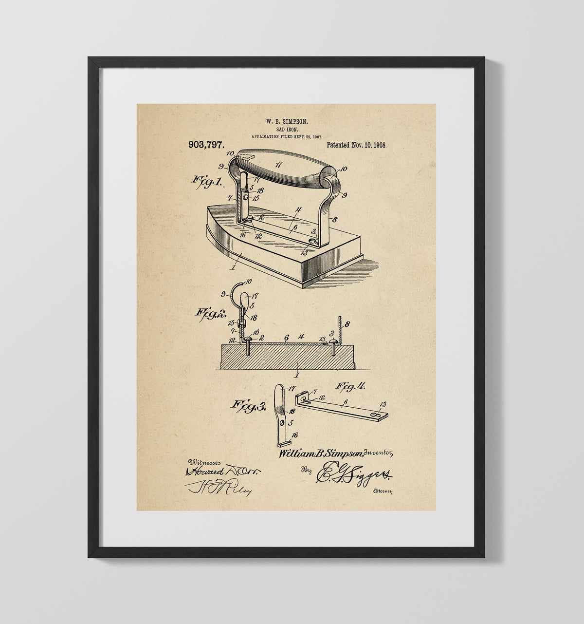 Sad Iron 1908 patent print wall art 16x20 Gallery Frame