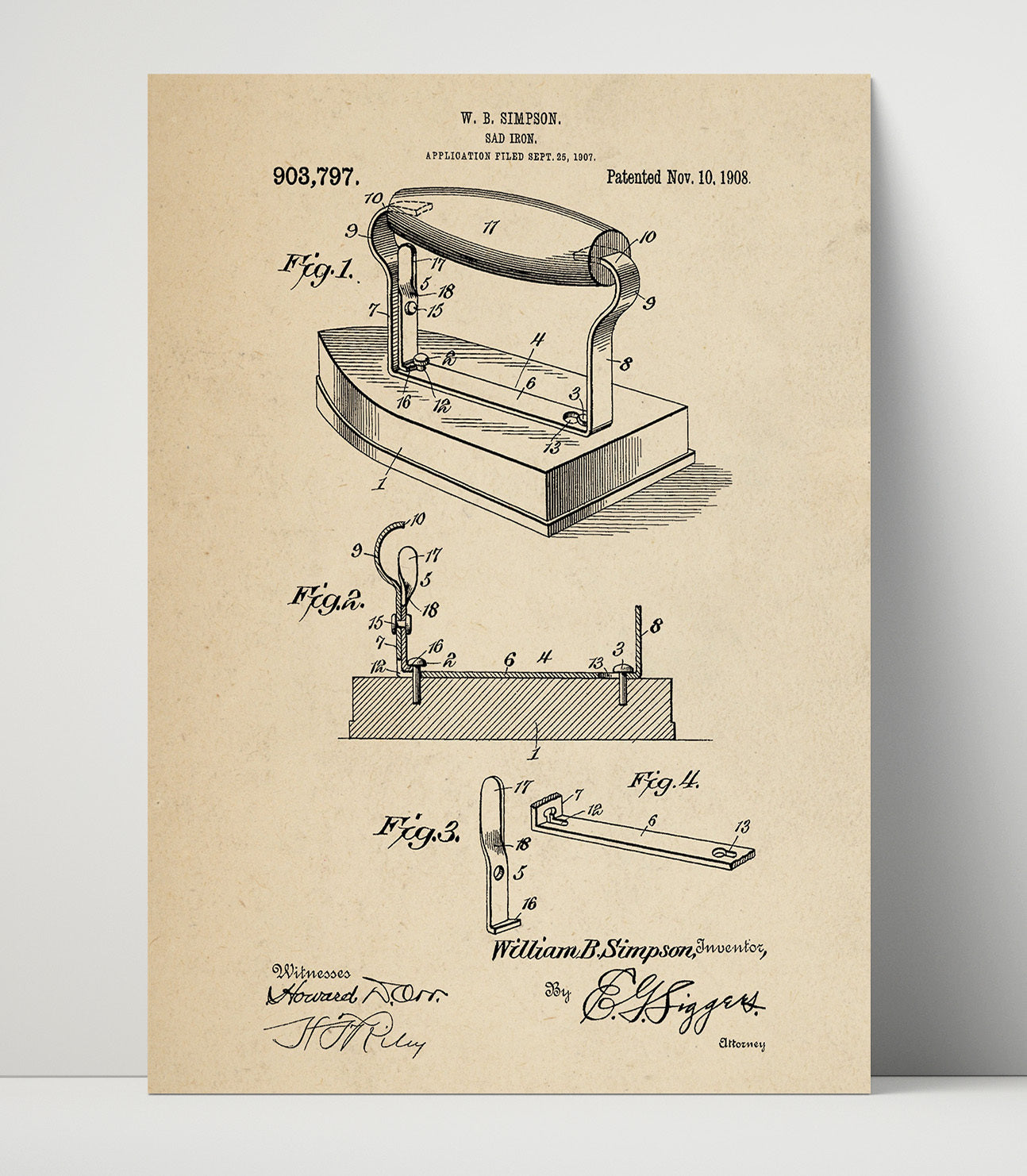 Patent Print - Sad Iron - William B Simpson - 1908 - Patent 903797 Patent Wall Art