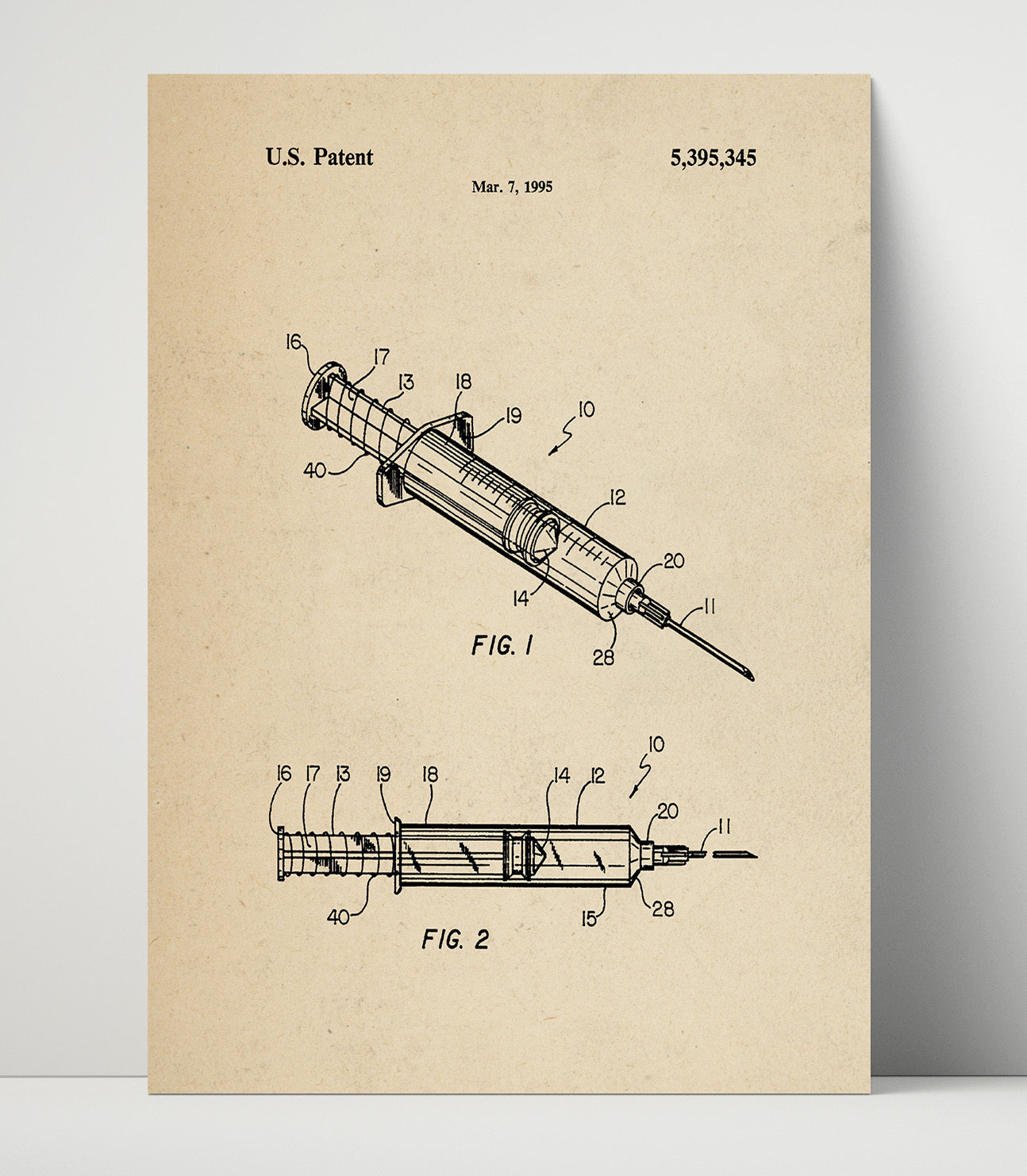 Patent Print - Safety Syringe - Hypodermic Injection Device - 1995 - Patent 5395345 Patent Wall Art