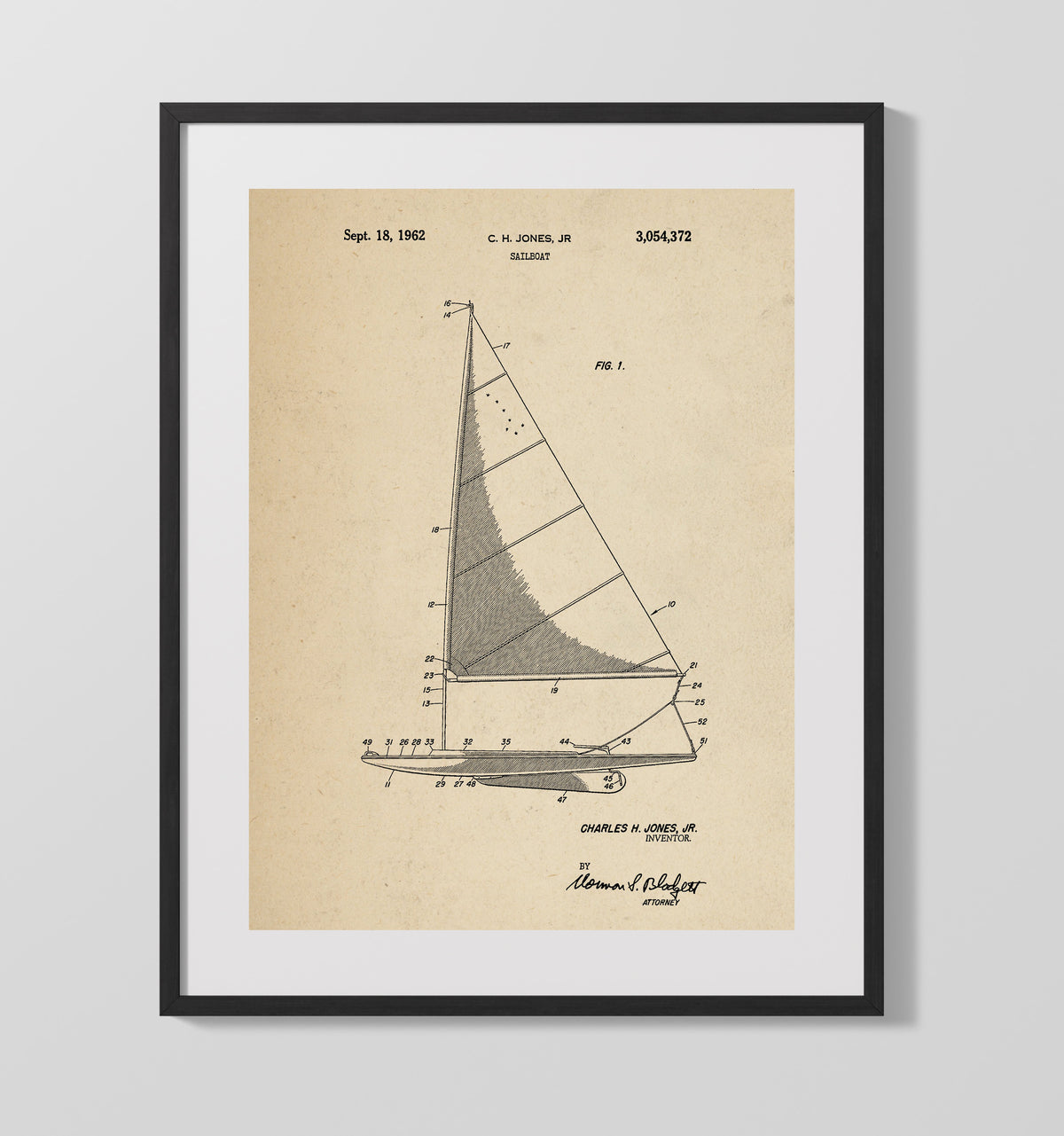 Sailboat 1962 patent print wall art 16x20 Gallery Frame