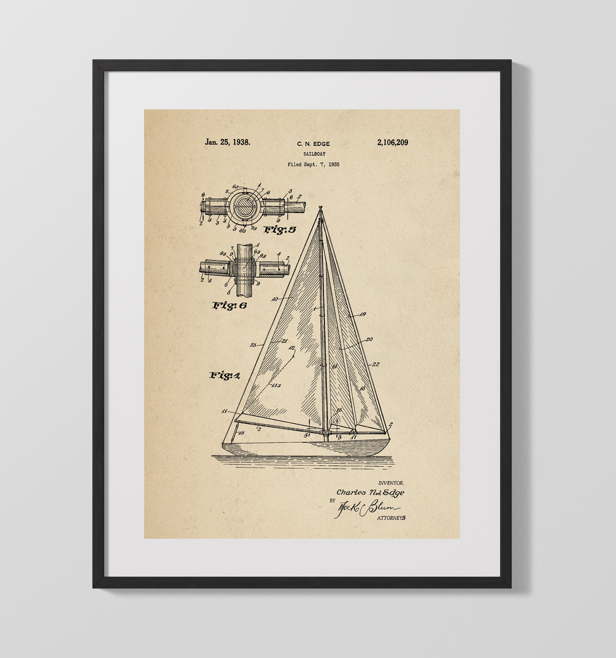 Sailboat by Charles Noel Edge 1938 patent print wall art 16x20 Gallery Frame