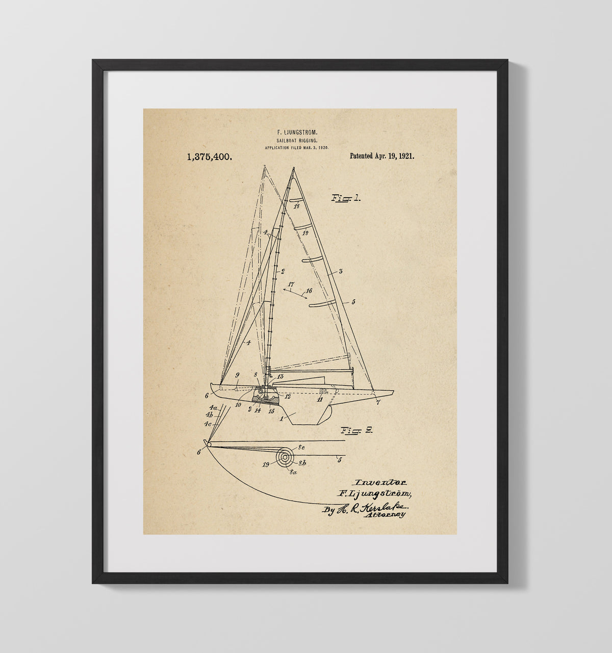Sailboat Rigging 1921 patent print wall art 16x20 Gallery Frame