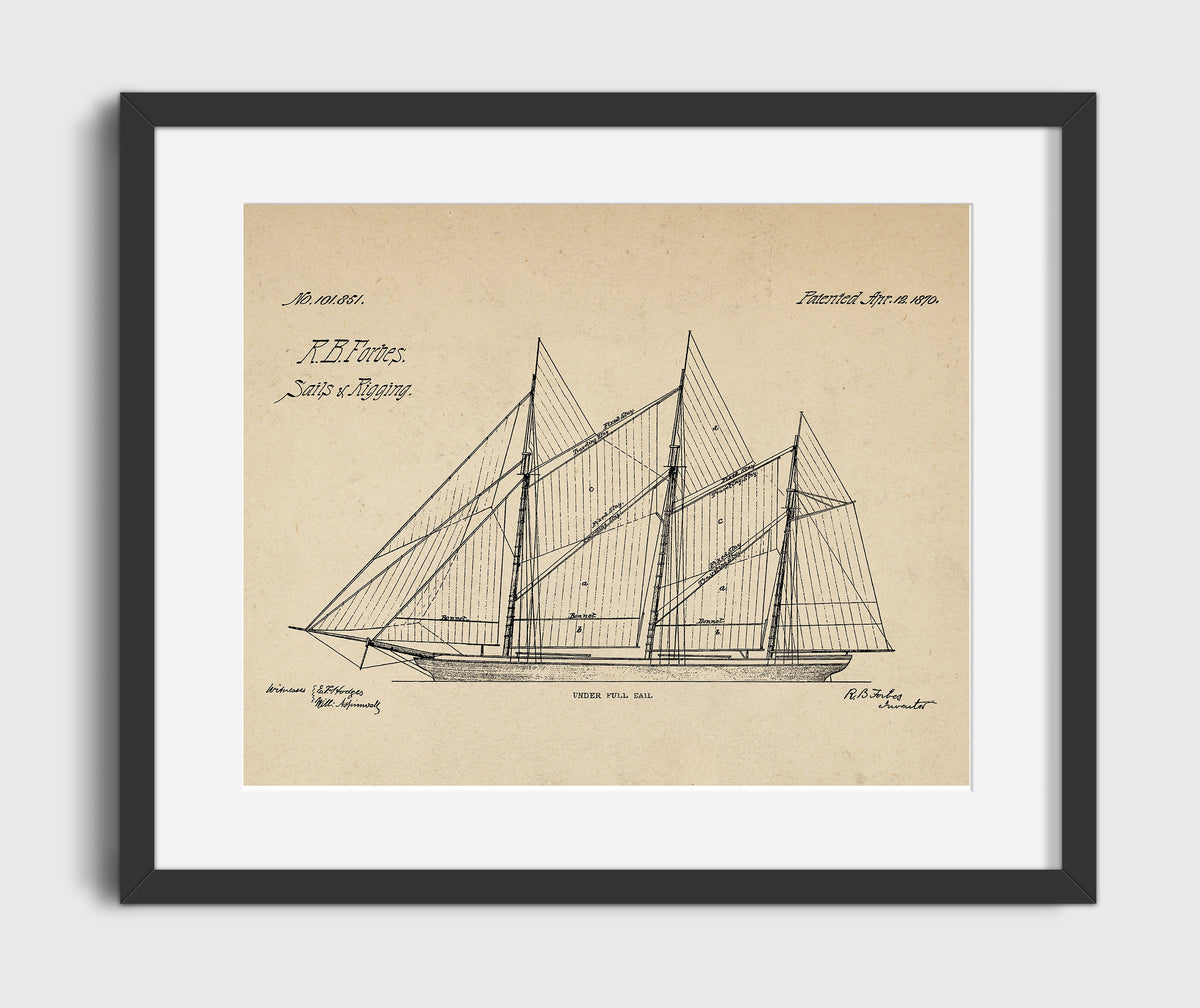 Sails And Rigging 1870 patent print wall art 16x20 Gallery Frame