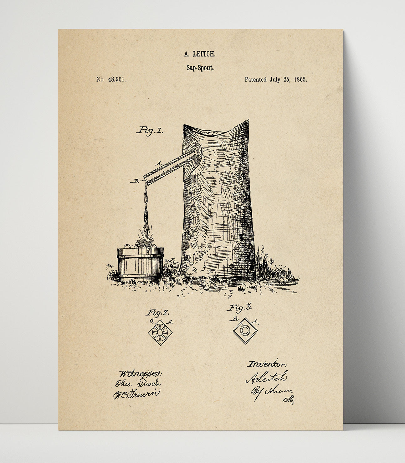 Patent Print - Sap Spout - A. Leitch - 1865 - Patent 48961 Patent Wall Art