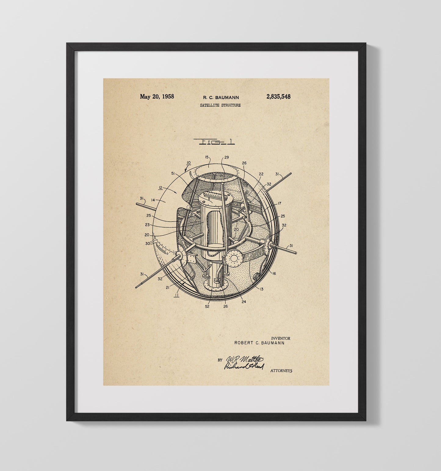 Satellite Structure 1958 patent print wall art 16x20 Gallery Frame