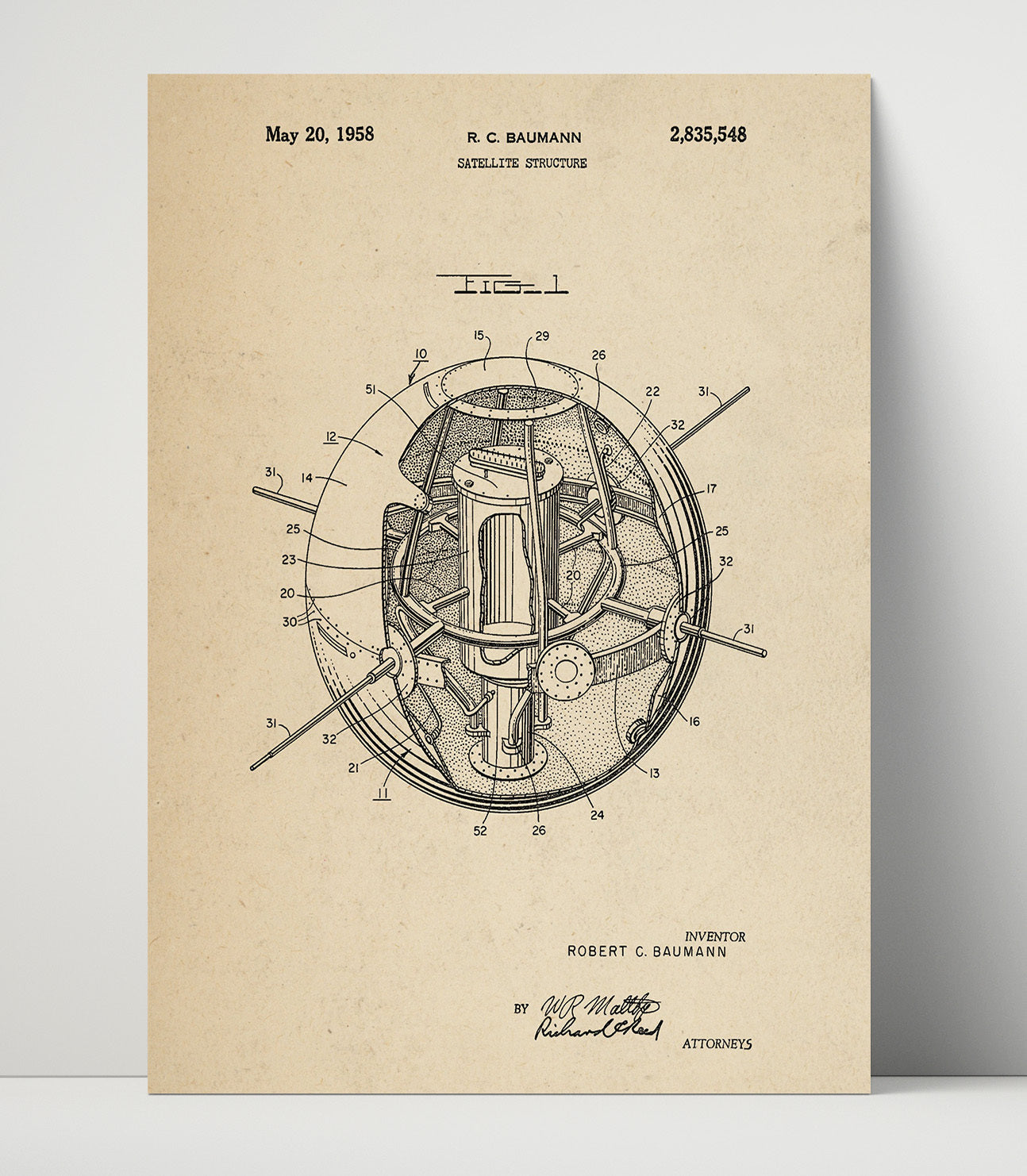 Patent Print - Satellite Structure - Robert C Baumann - 1958 - Patent 2835548 Patent Wall Art