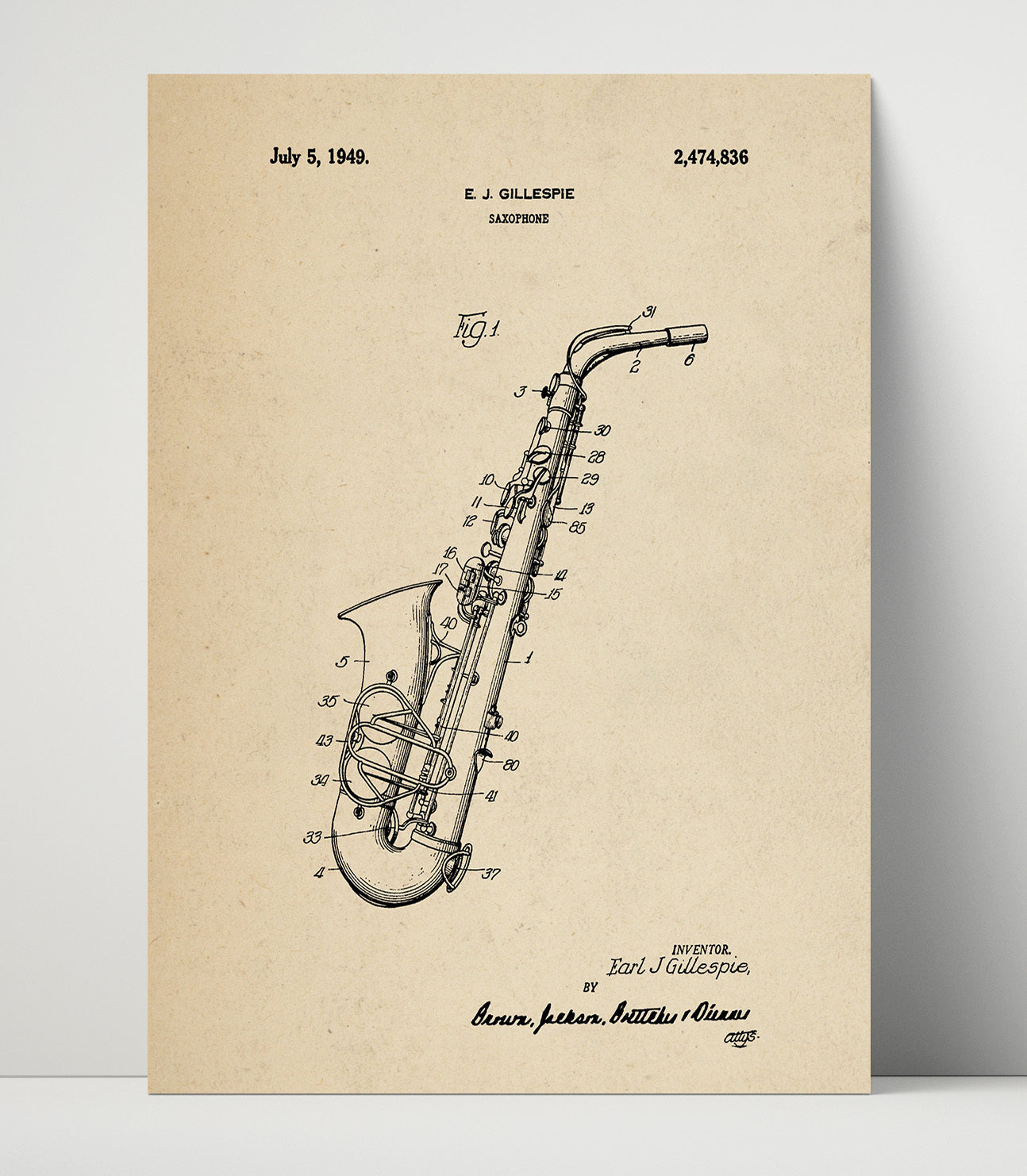 Patent Print - Saxophone - Earl J. Gillespie - 1949 - Patent 2474836 Patent Wall Art