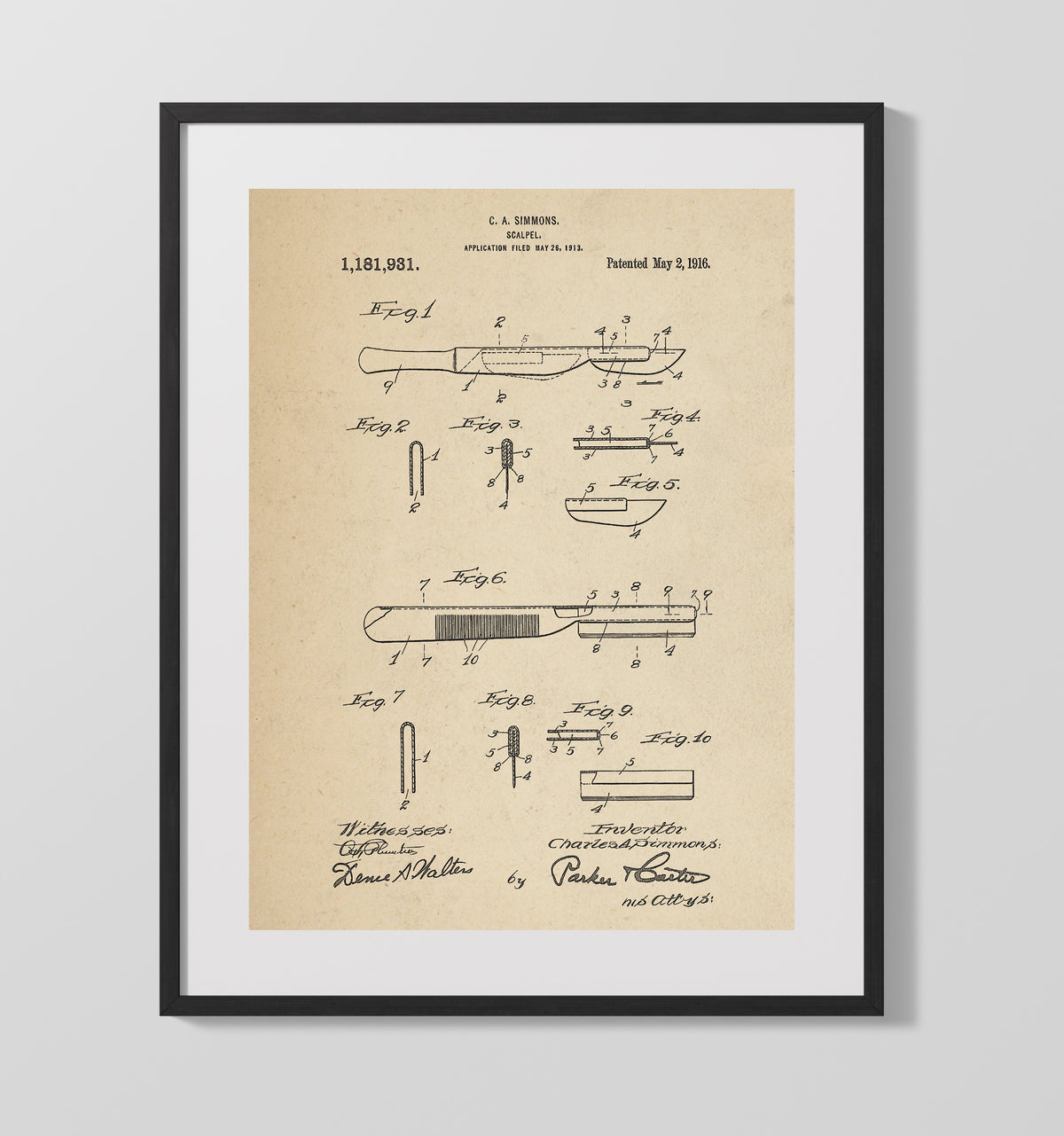 Scalpel 1916 patent print wall art 16x20 Gallery Frame