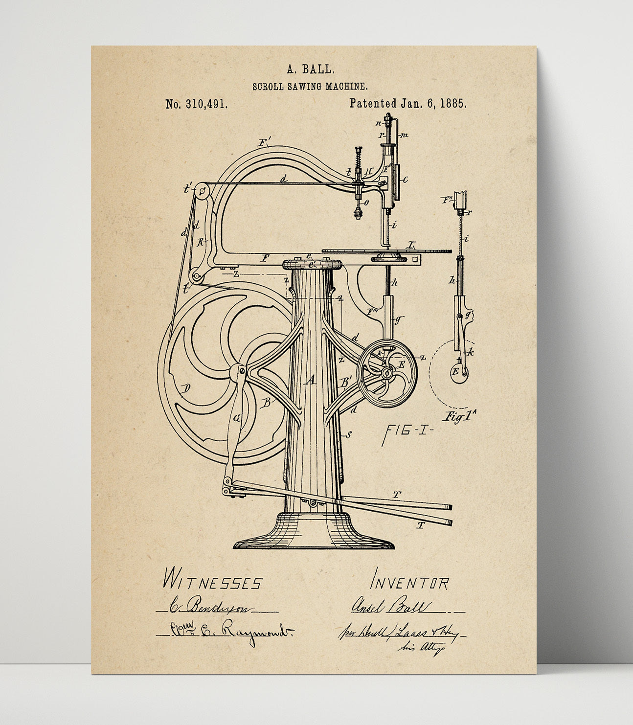 Patent Print - Scroll Sawing Machine - A. Ball - 1885 - Patent 310491 Patent Wall Art