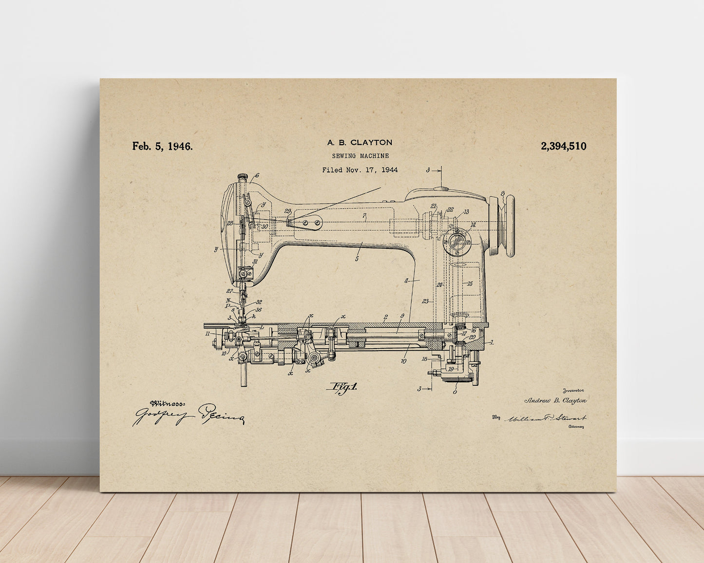 Patent Print - Sewing Machine - Andrew B. Clayton - 1946 - Patent 2394510 - Landscape Patent Wall Art