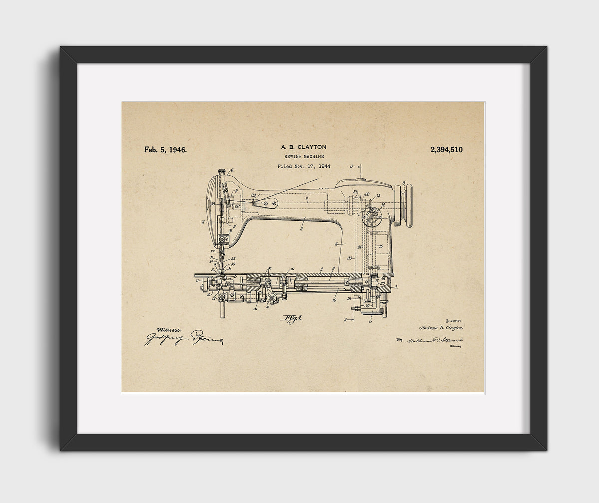 Sewing Machine 1946 patent print wall art 16x20 Gallery Frame