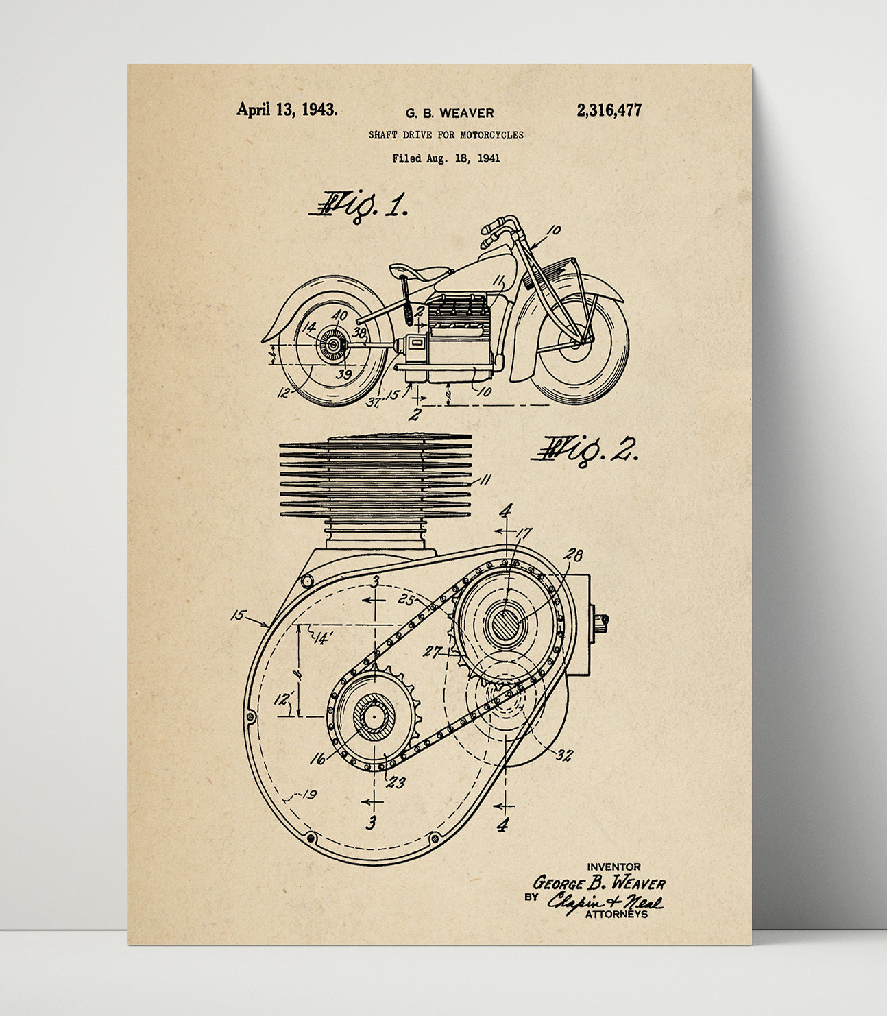 Patent Print - Shaft Drive For Motorcycles - George B Weaver - 1943 - Patent 2316477 Patent Wall Art