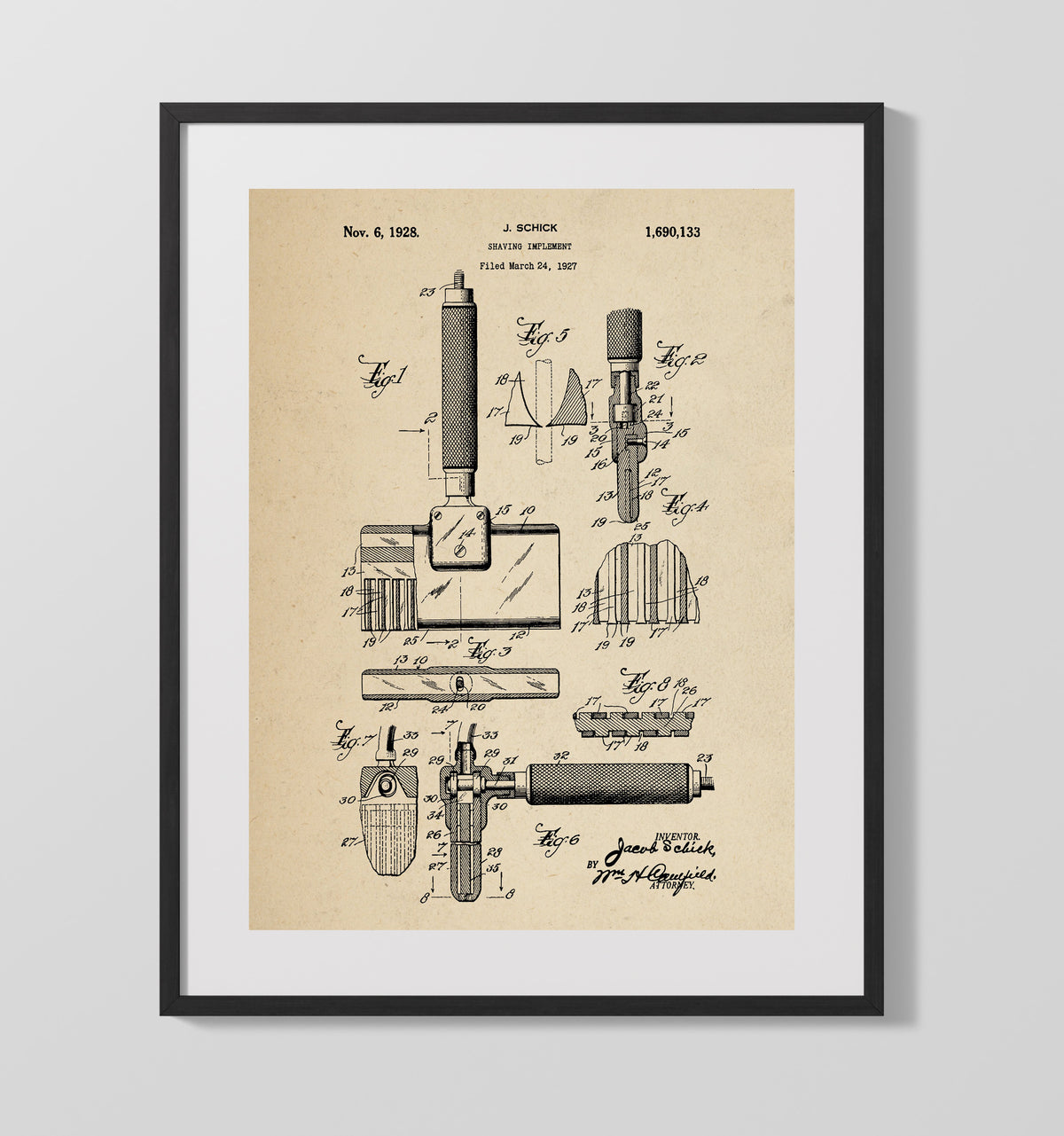 Shaving Implement 1928 patent print wall art 16x20 Gallery Frame