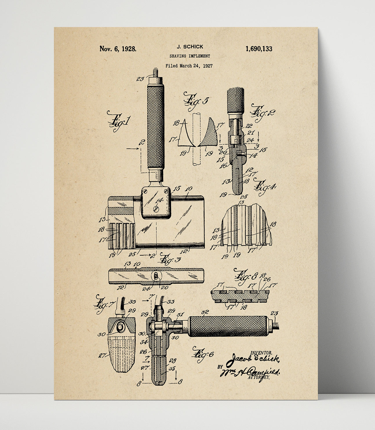 Patent Print - Shaving Implement - Jacob Schick - 1928 - Patent 1690133 Patent Wall Art