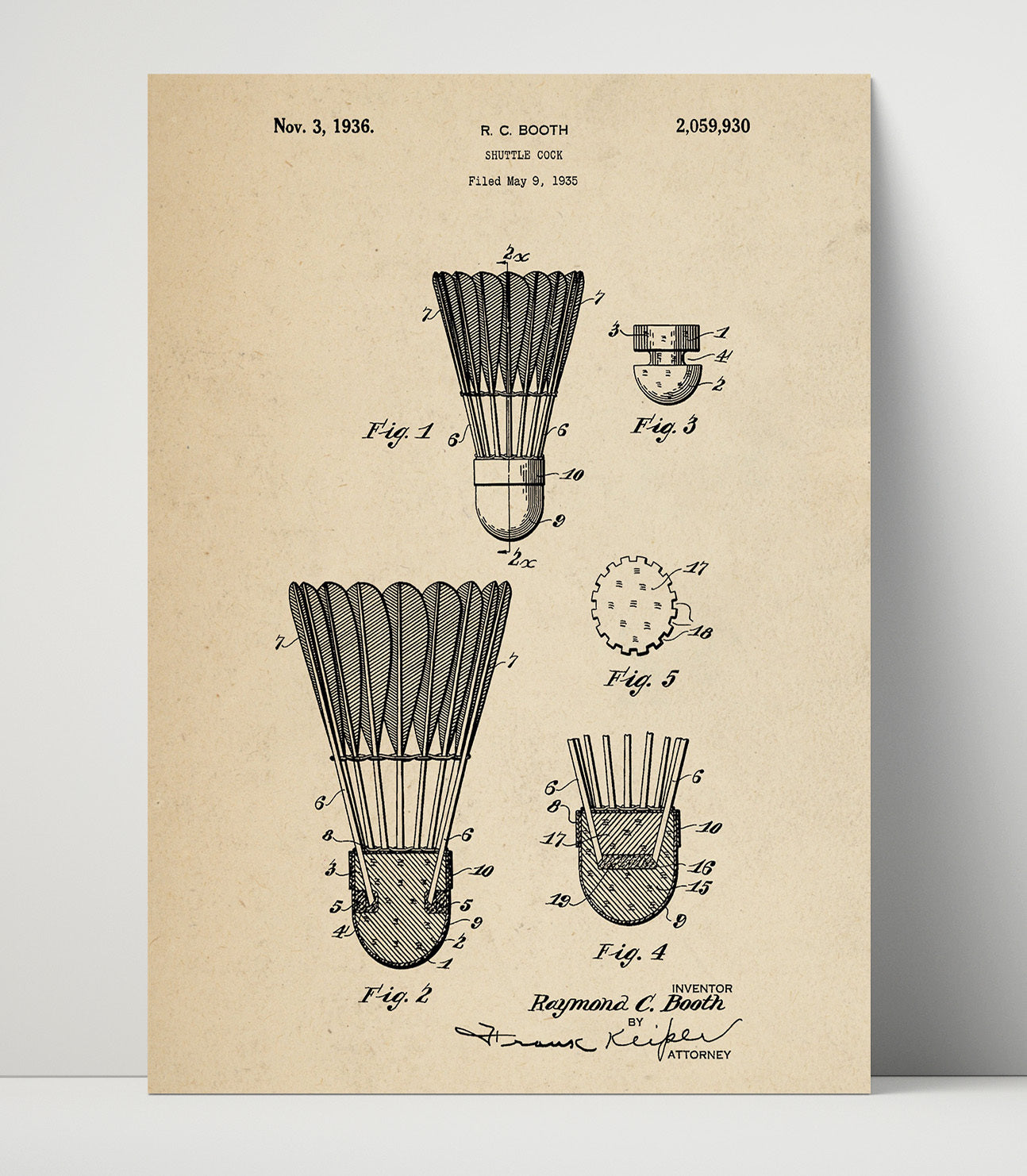 Patent Print - Shuttlecock - R C Booth - 1936 - Patent 2059930 Patent Wall Art