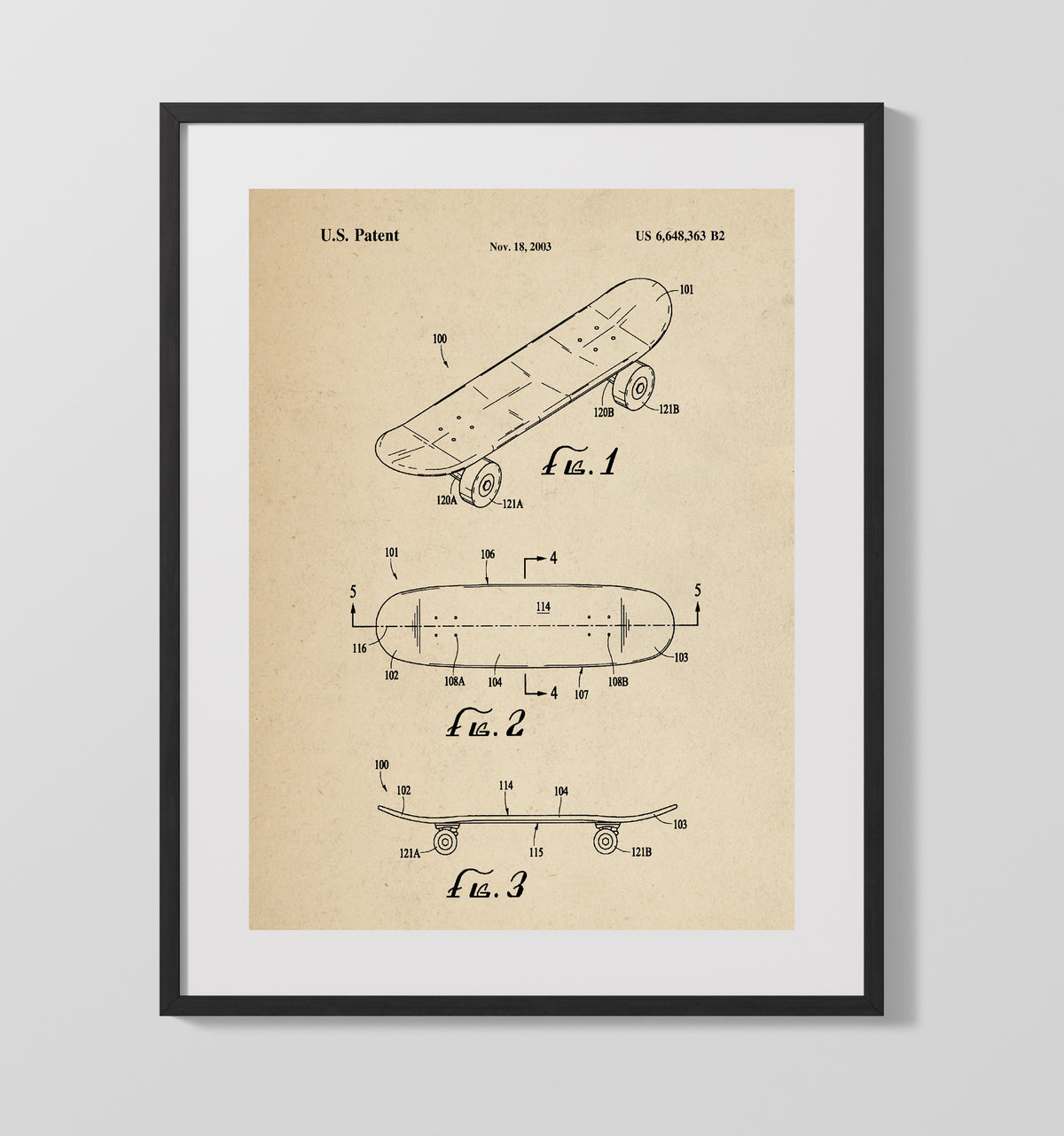 Skateboard 2003 patent print wall art 16x20 Gallery Frame