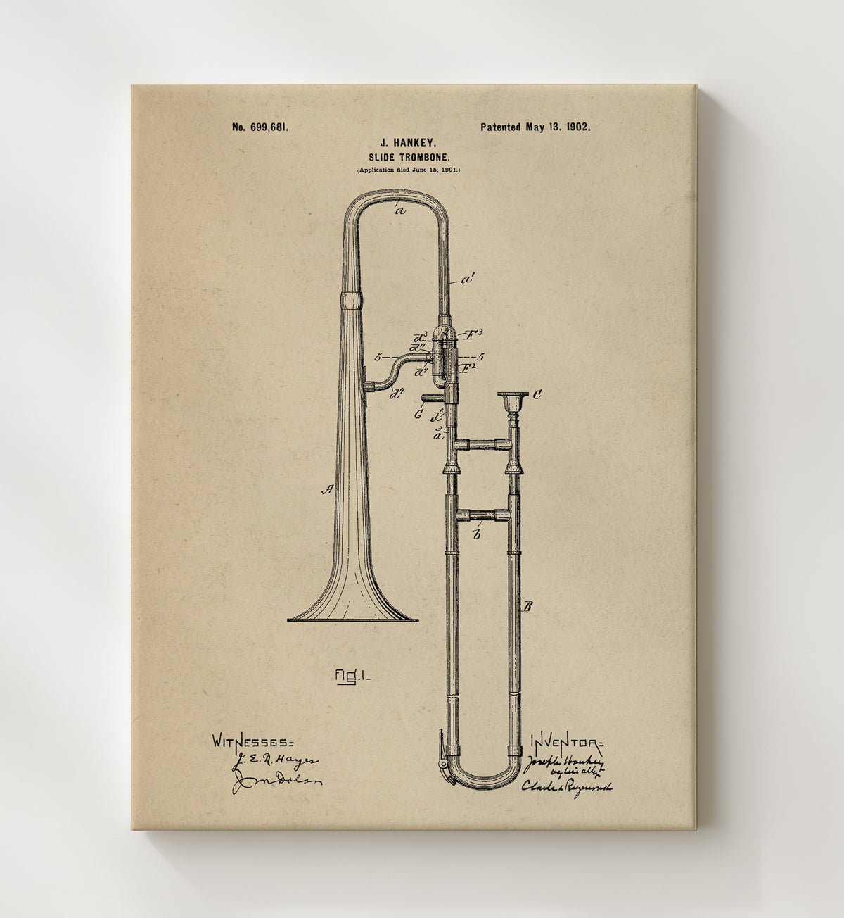 Slide Trombone - 1902 Patent - 20x24 Canvas