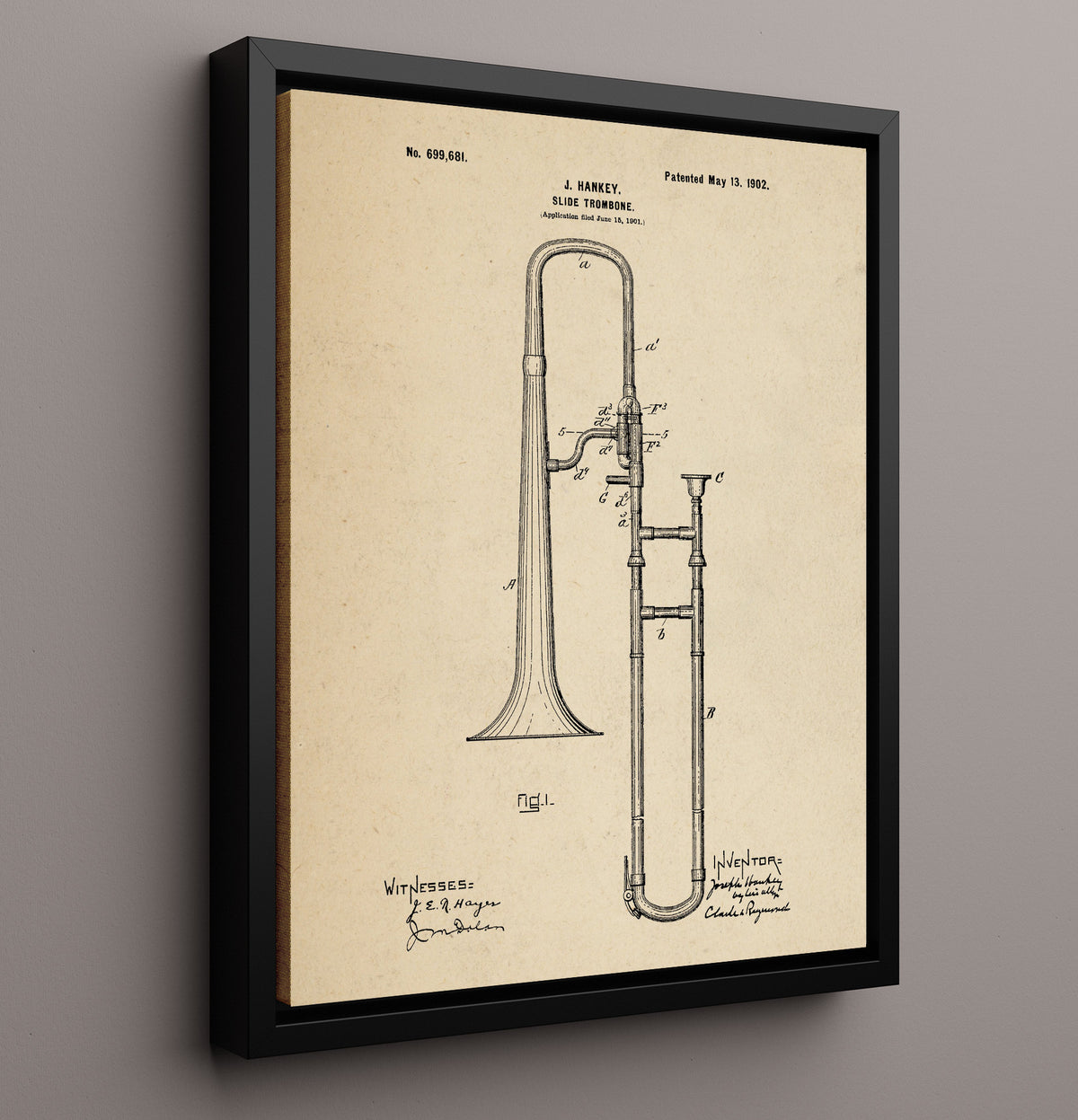 Slide Trombone - 1902 Patent - 16x20 Framed Canvas