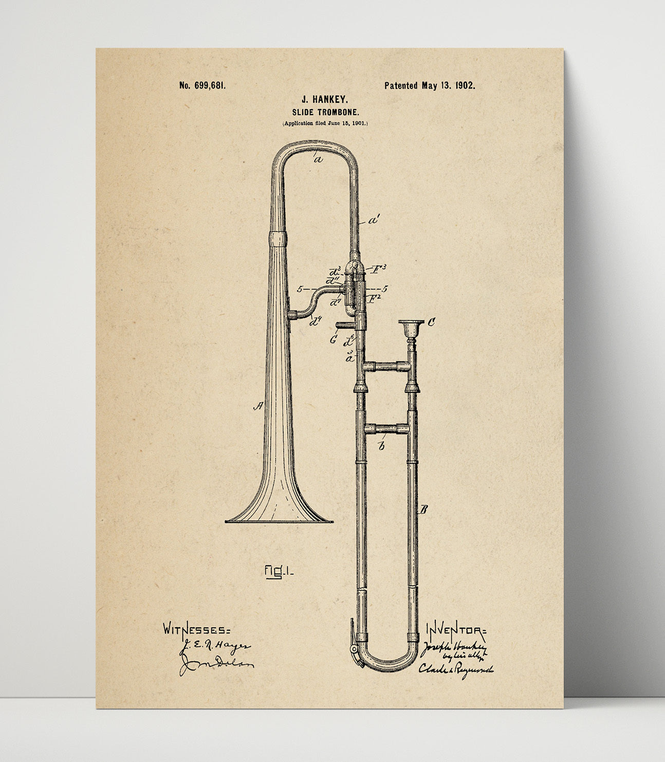 Patent Print - Slide Trombone - J. Hankey - 1902 - Patent 699681 Patent Wall Art