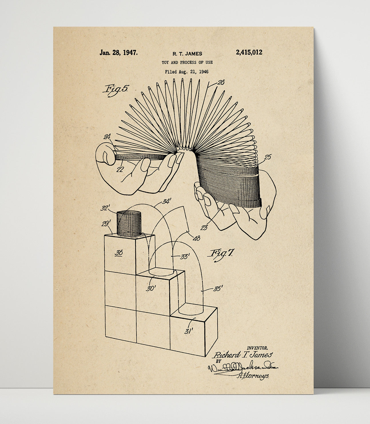 Patent Print - Slinky Demonstration Toy - Richard T James - 1947 - Patent 2415012 Patent Wall Art