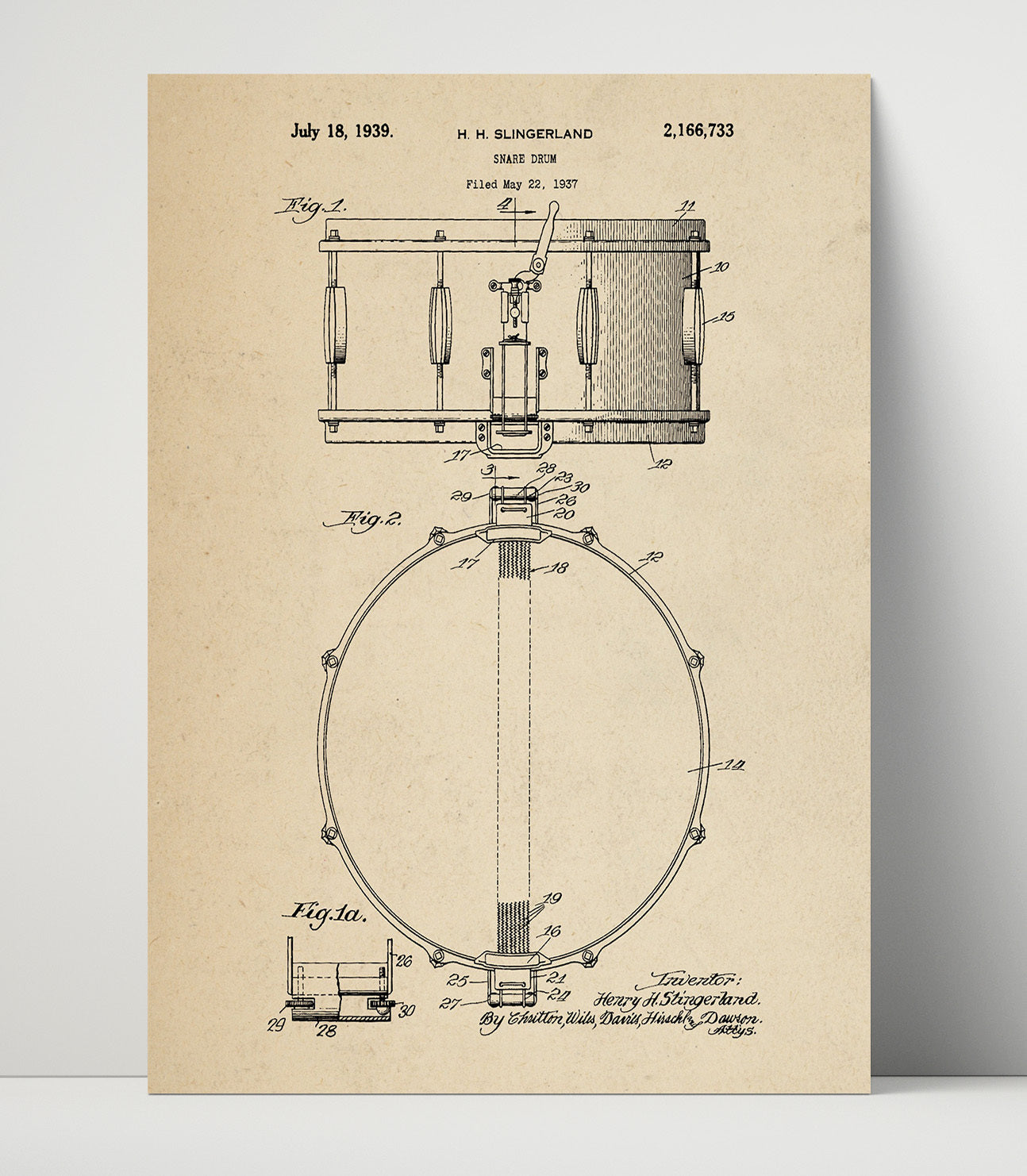 Patent Print - Snare Drum - H. H. Slingerland - 1939 - Patent 2166733 Patent Wall Art