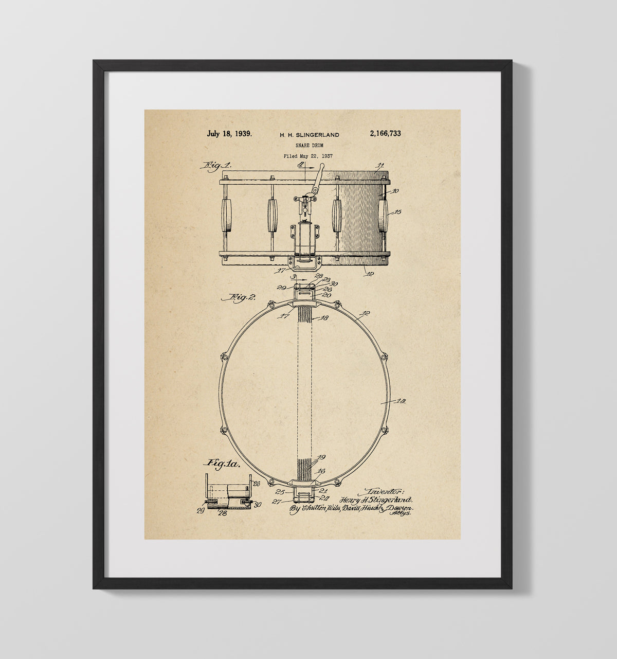 Snare Drum 1939 patent print wall art 16x20 Gallery Frame