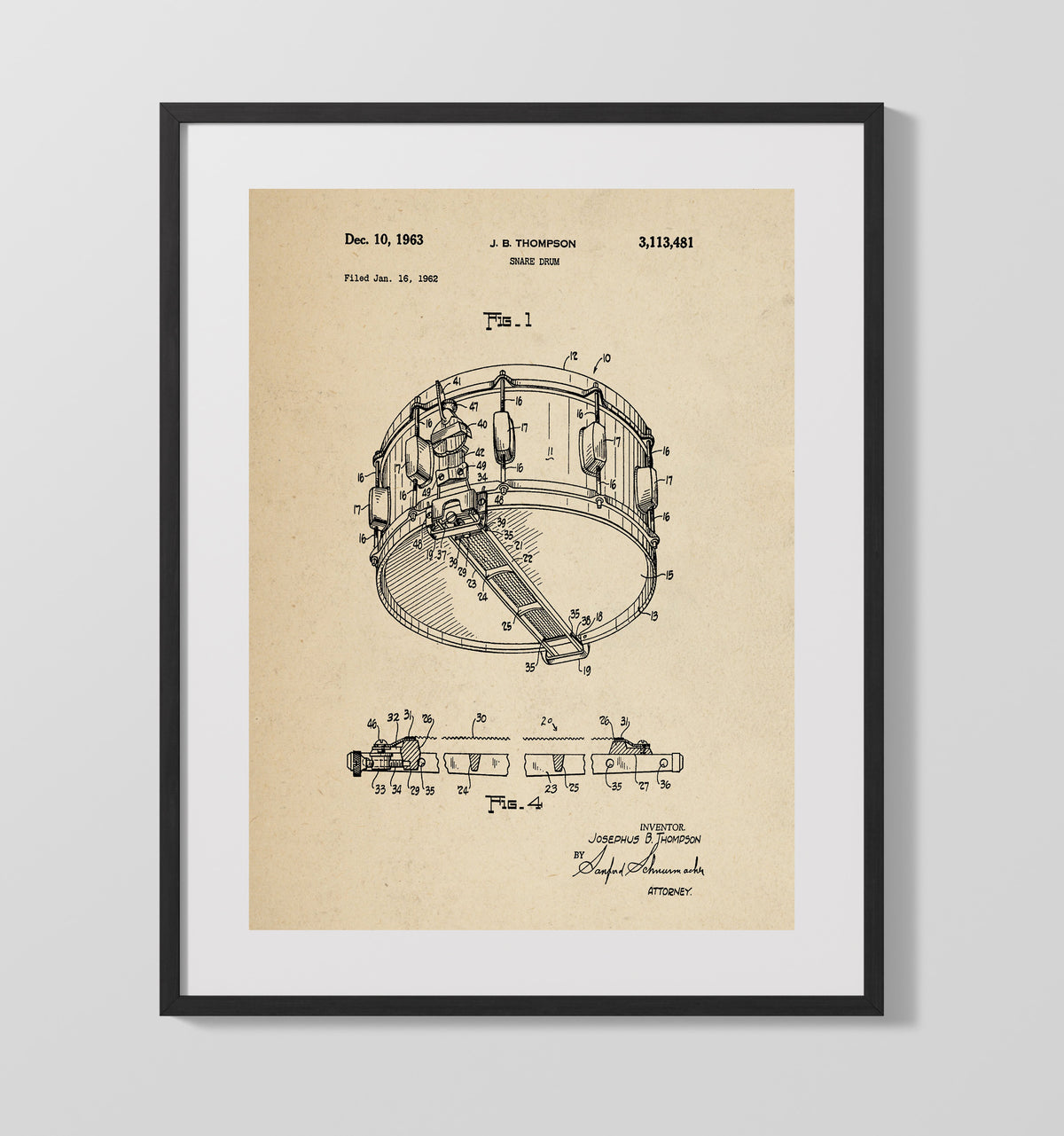 Snare Drum 1963 patent print wall art 16x20 Gallery Frame