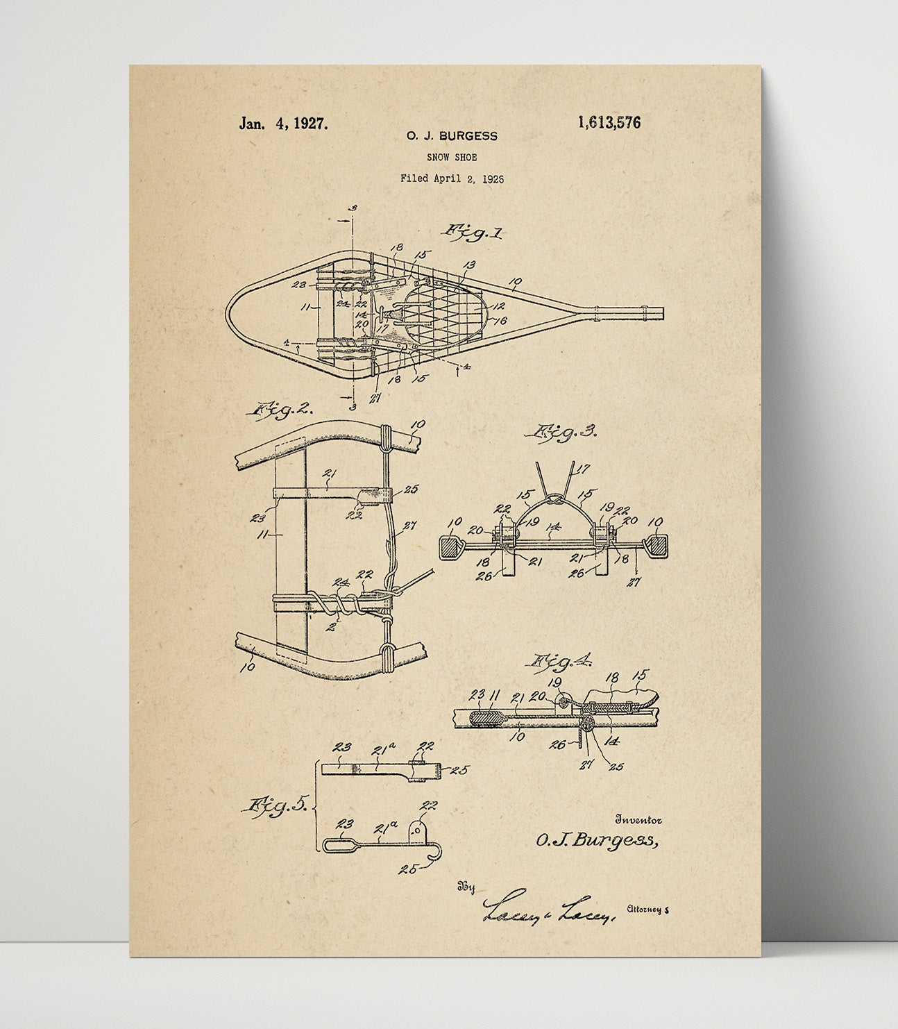 Patent Print - Snow Shoe - O J Burgess - 1927 - Patent 1613576 Patent Wall Art