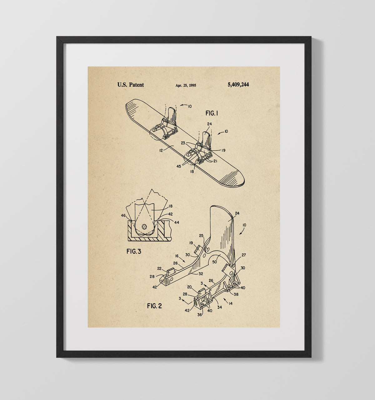 Snowboard Binding 1995 patent print wall art 16x20 Gallery Frame