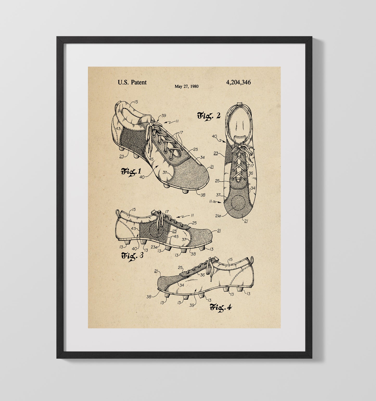 Soccer Cleat 1980 patent print wall art 16x20 Gallery Frame