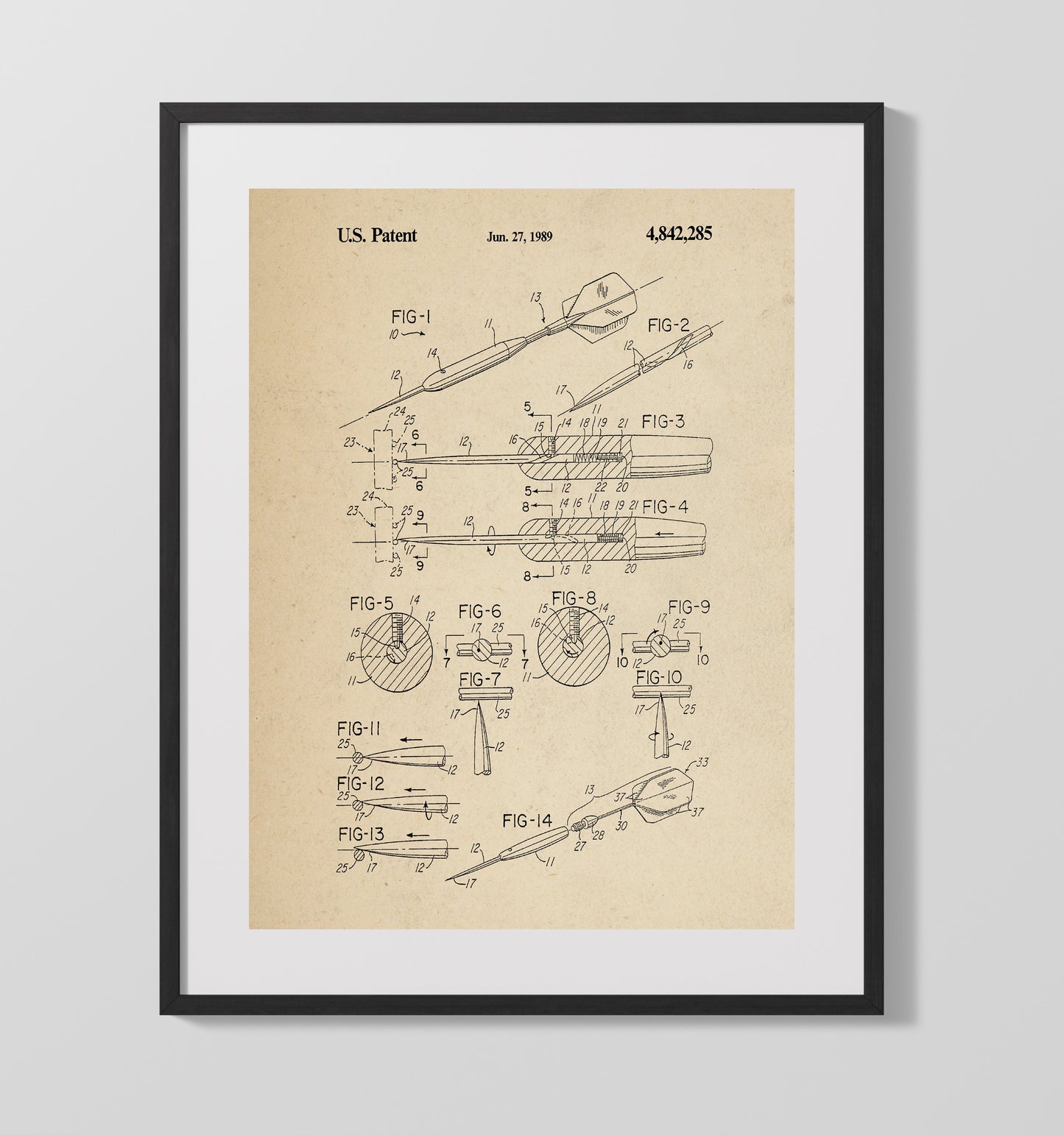 Soft Tip Dart Assembly Detailed Diagram 1989 patent print wall art 16x20 Gallery Frame
