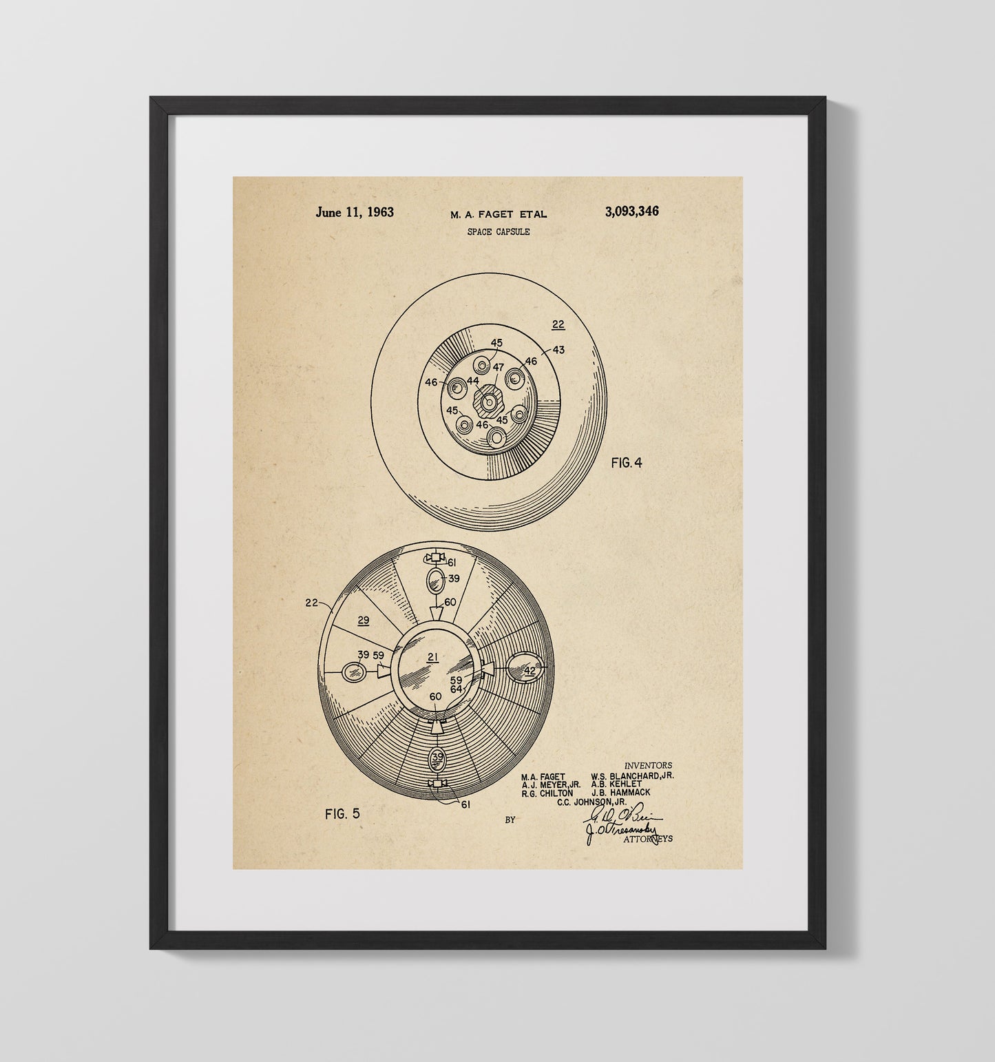 Space Capsule 1963 patent print wall art 16x20 Gallery Frame