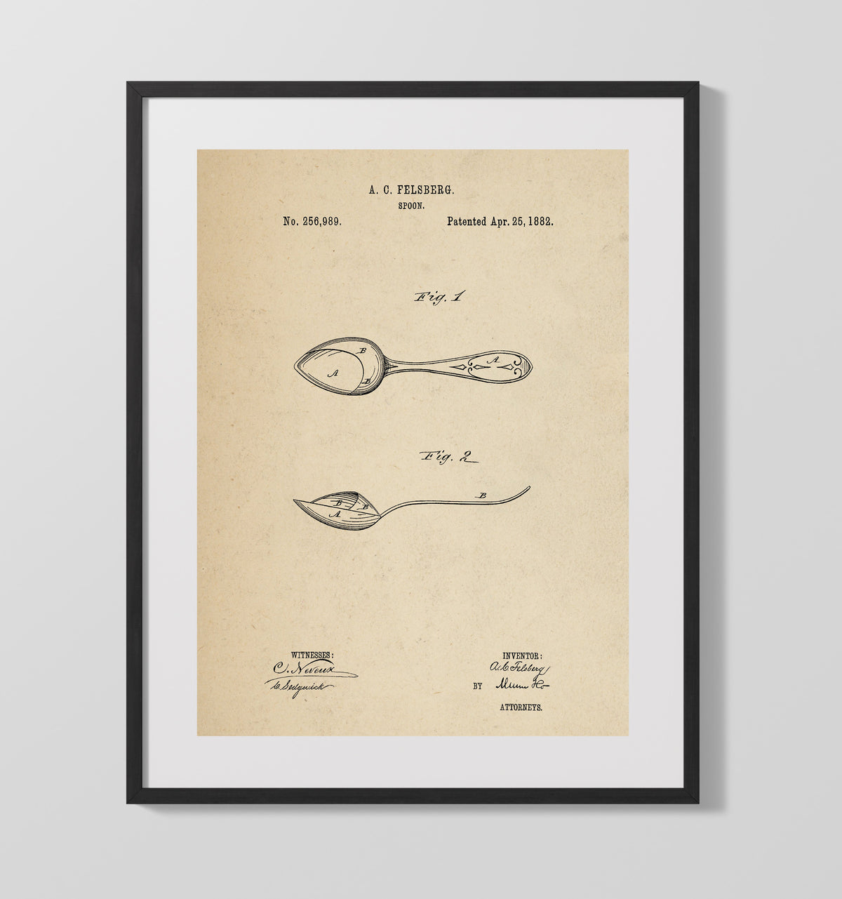 Spoon 1882 patent print wall art 16x20 Gallery Frame