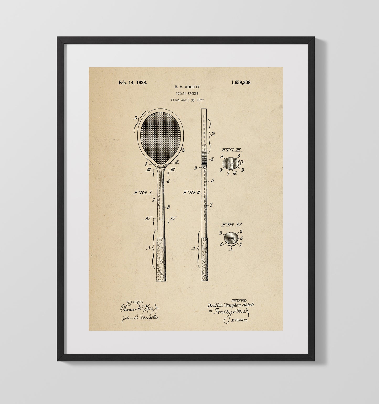 Squash Racket 1928 patent print wall art 16x20 Gallery Frame