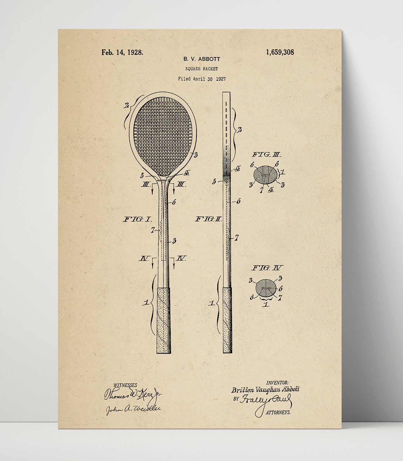 Patent Print - Squash Racket - B V Abbott - 1928 - Patent 1659308 Patent Wall Art