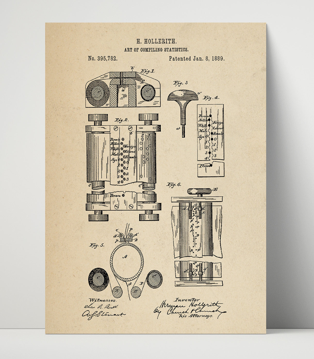 Patent Print - Statistical Tabulating System - Herman Hollerith - 1889 - Patent 395782 Patent Wall Art