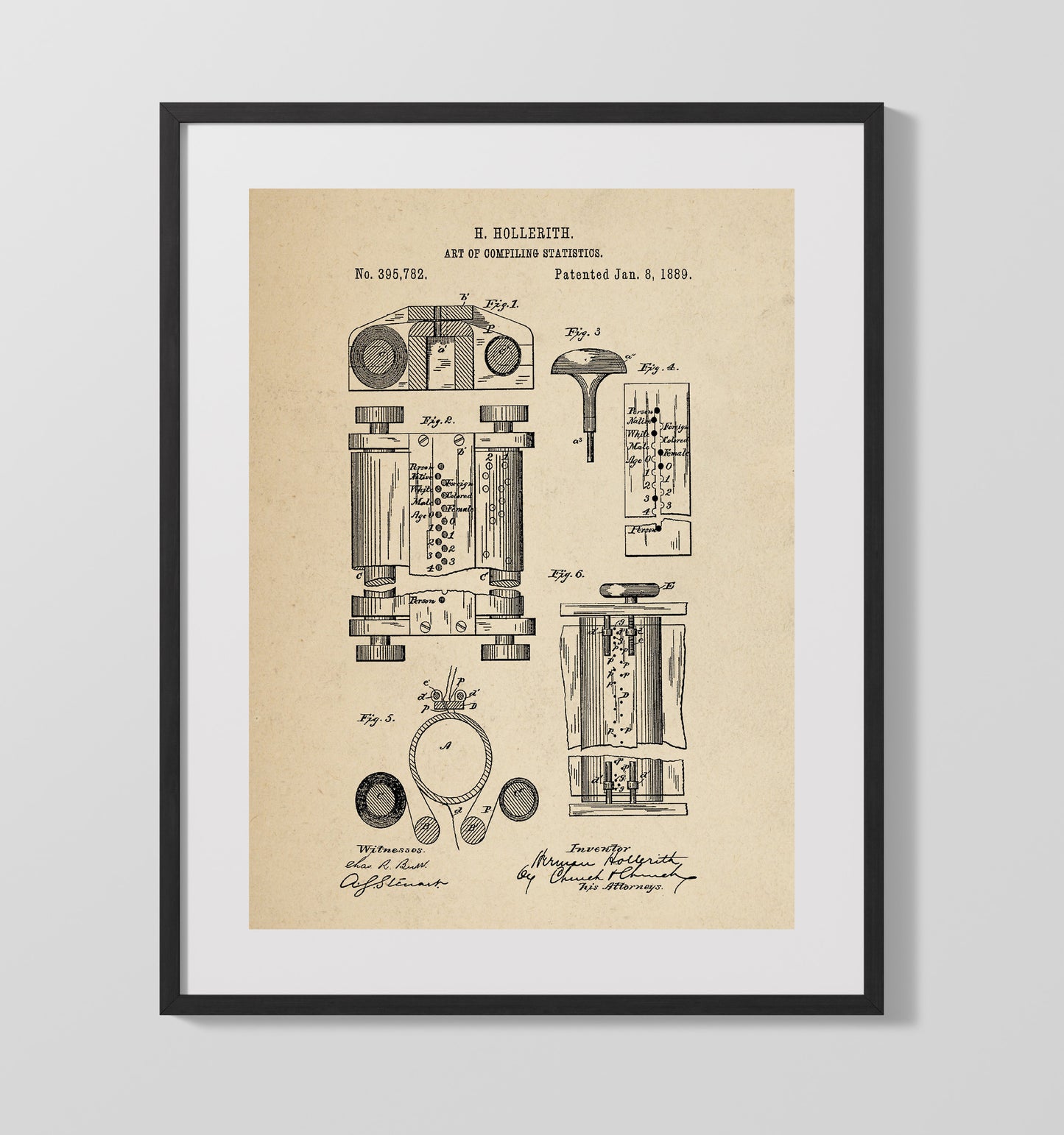 Statistical Tabulating System 1889 patent print wall art 16x20 Gallery Frame