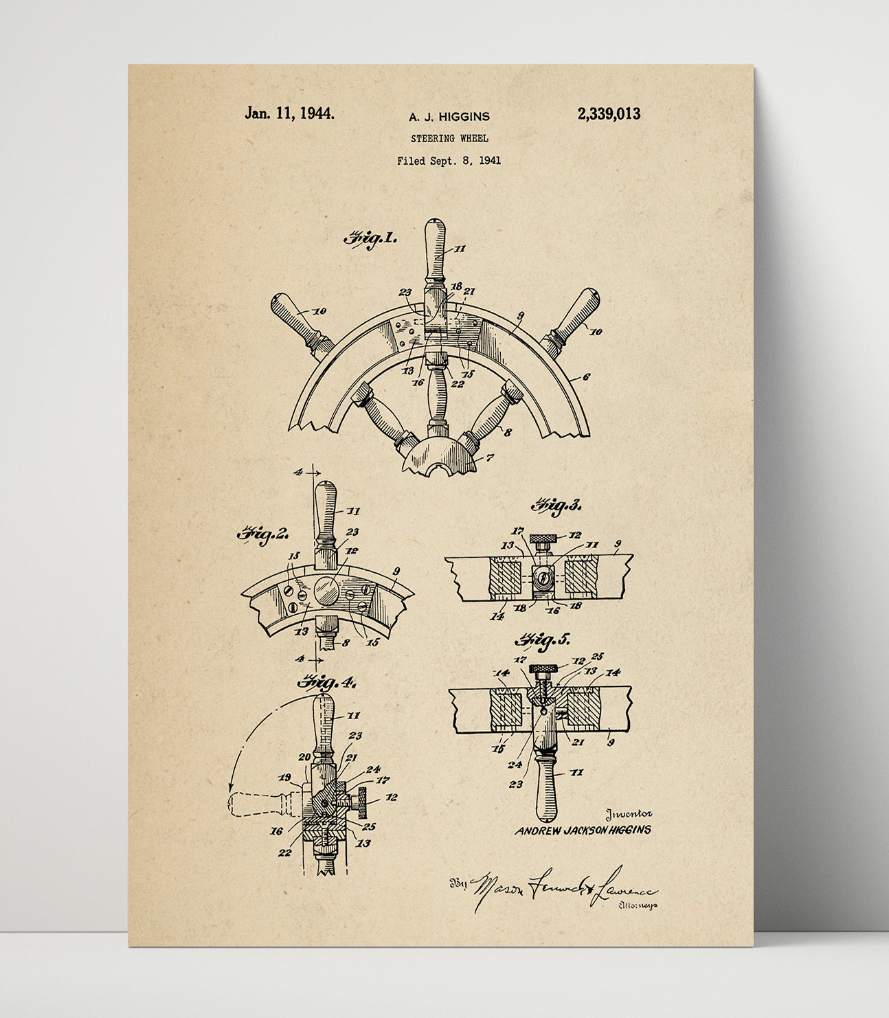 Patent Print - Steering Wheel - Andrew Jackson Higgins - 1944 - Patent 2339013 Patent Wall Art