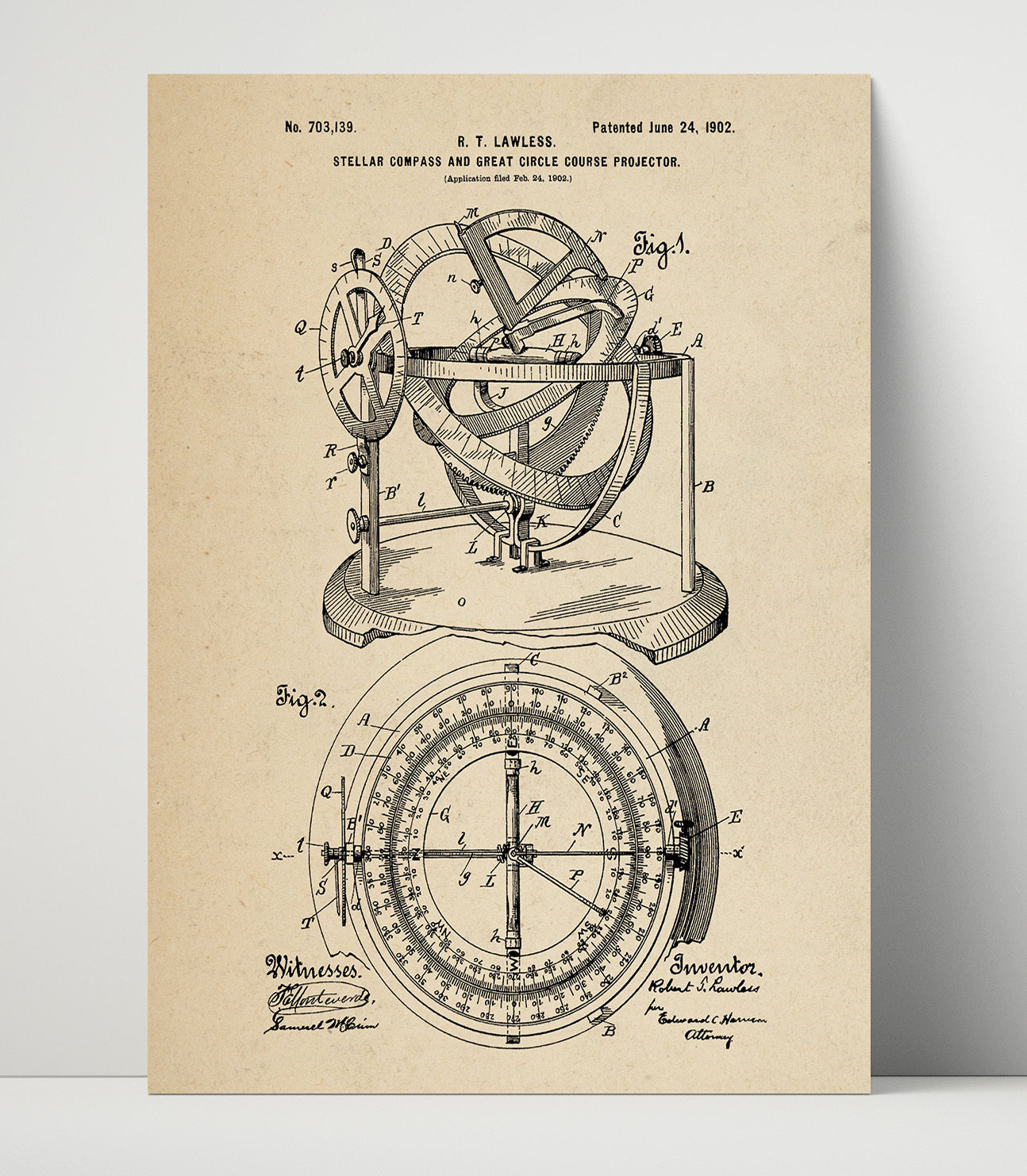 Patent Print - Stellar Compass And Great Circle Course Projector - Robert T. Lawless - 1902 - Patent 703139 Patent Wall Art