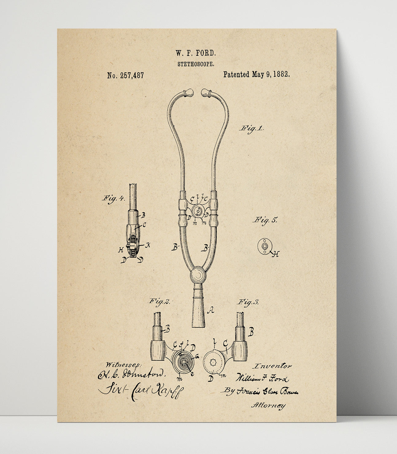 Patent Print - Stethoscope - W. F. Ford - 1882 - Patent 257487 Patent Wall Art