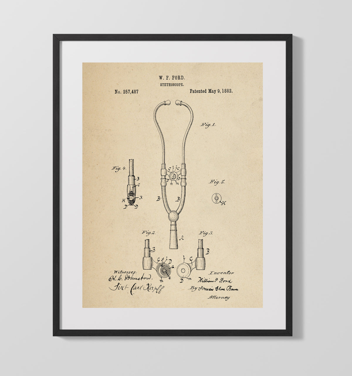 Stethoscope 1882 patent print wall art 16x20 Gallery Frame