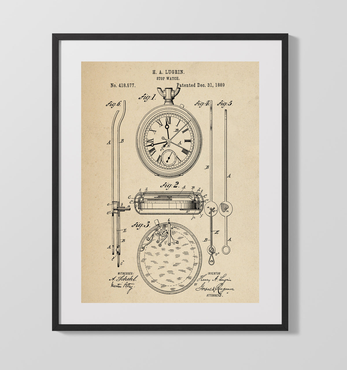 Stopwatch by Henry A Lugrin 1889 patent print wall art 16x20 Gallery Frame