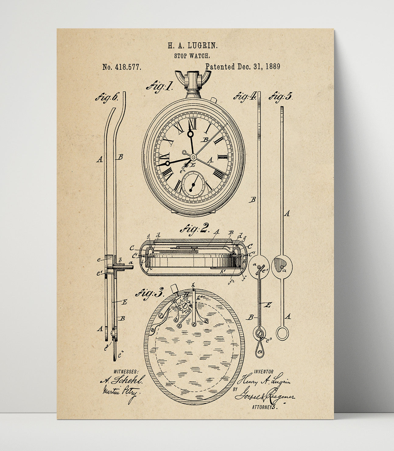 Patent Print - Stop Watch - Henry A Lugrin - 1889 - Patent 418577 Patent Wall Art