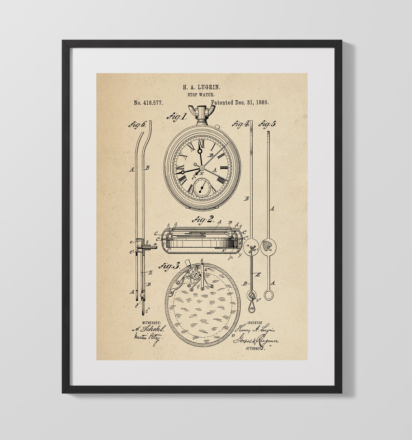 Stopwatch by H A Lugrin 1889 patent print wall art 16x20 Gallery Frame