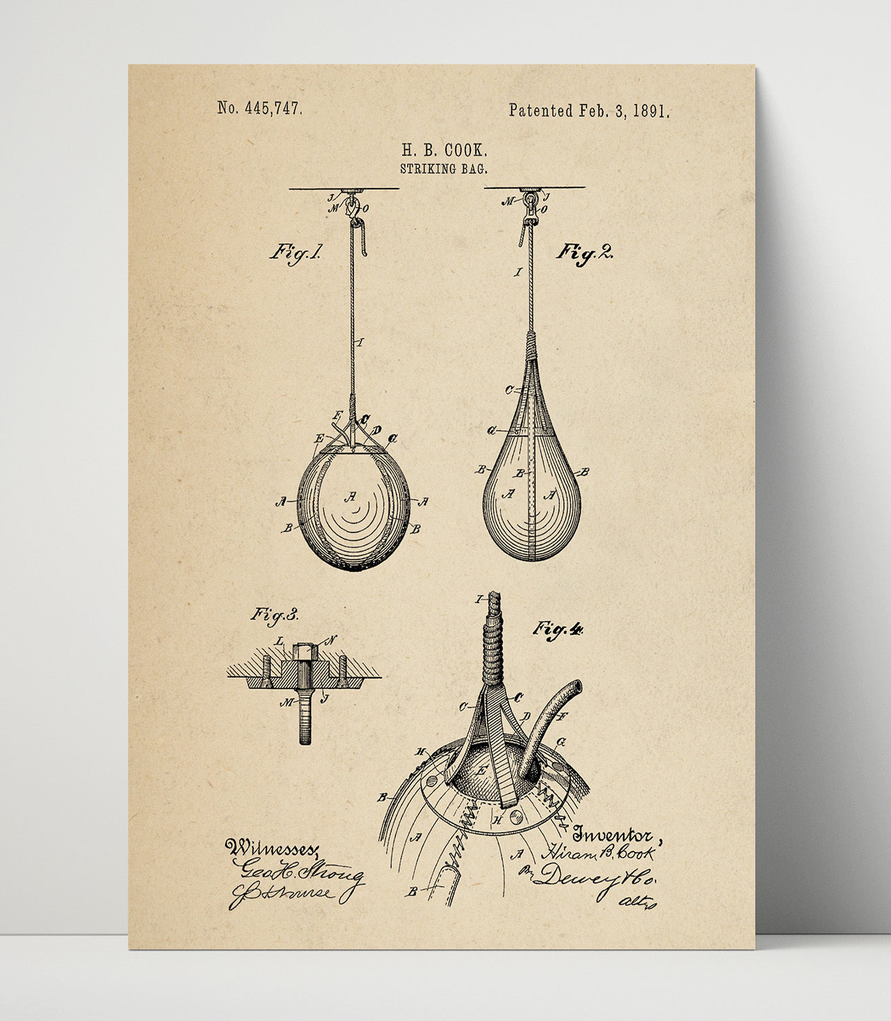 Patent Print - Striking Bag - H B Cook - 1891 - Patent 445747 Patent Wall Art