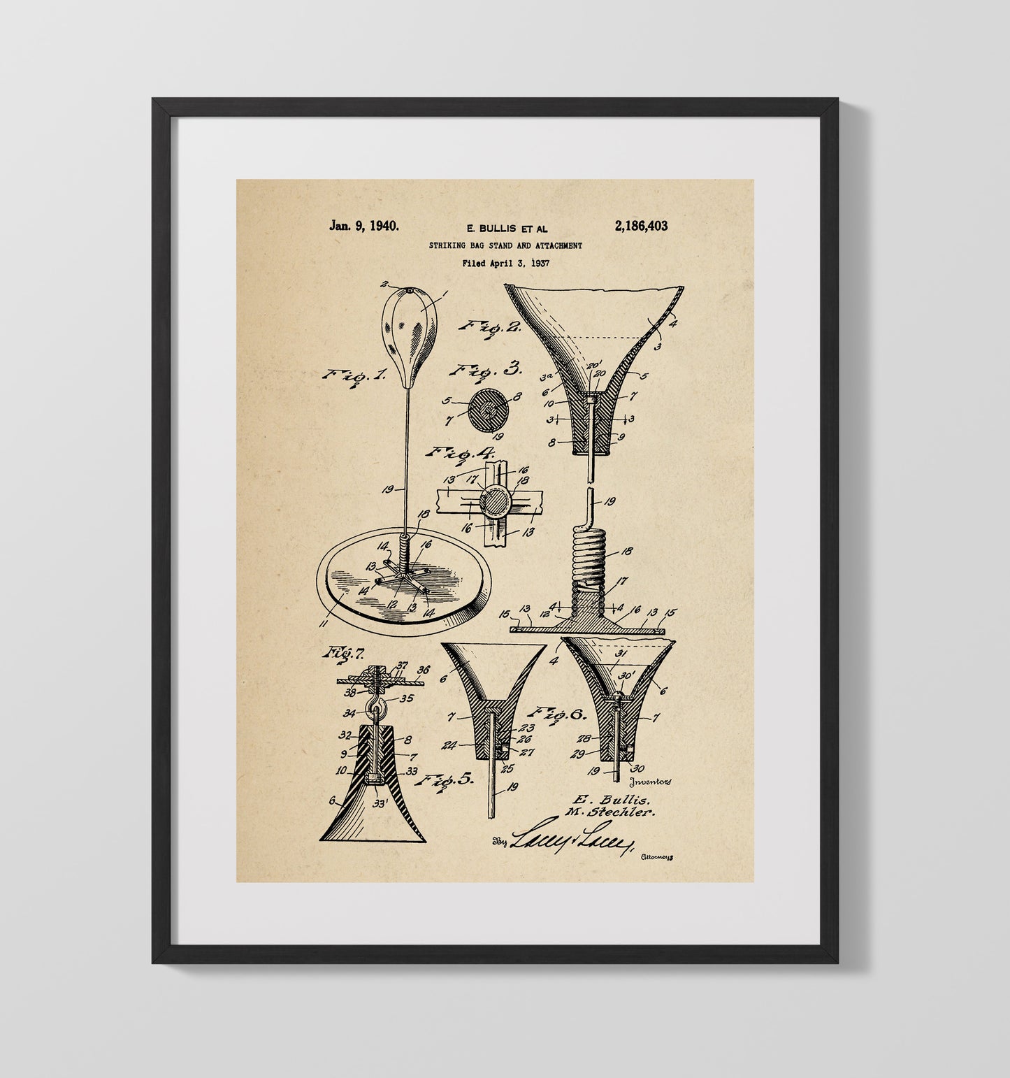 Striking Bag Stand 1940 patent print wall art 16x20 Gallery Frame